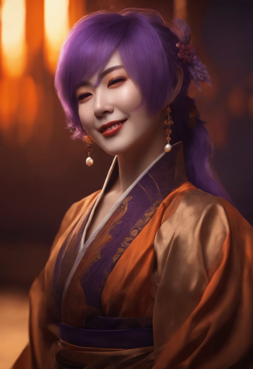 (Raiden Shogun, purple hair, closed eyes, a laughing girl, open mouth, with an orange background, portrait),(best quality, 4k, highres, masterpiece:1.2),ultra-detailed, realistic:1.37, HDR, sharp focus, professional, vivid colors, portraits, purple color palette, studio lighting.