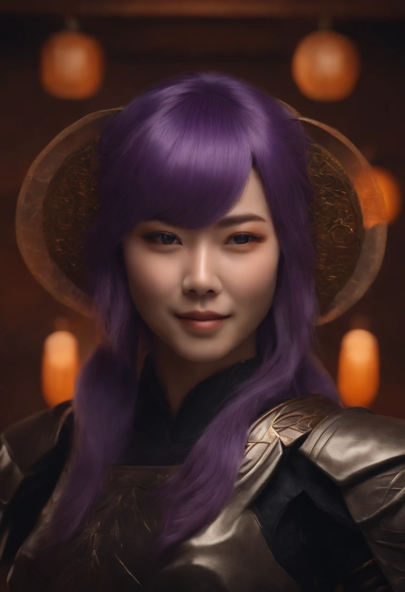 (Raiden Shogun, purple hair, closed eyes, a laughing girl, open mouth, with an orange background, portrait),(best quality, 4k, highres, masterpiece:1.2),ultra-detailed, realistic:1.37, HDR, sharp focus, professional, vivid colors, portraits, purple color palette, studio lighting.