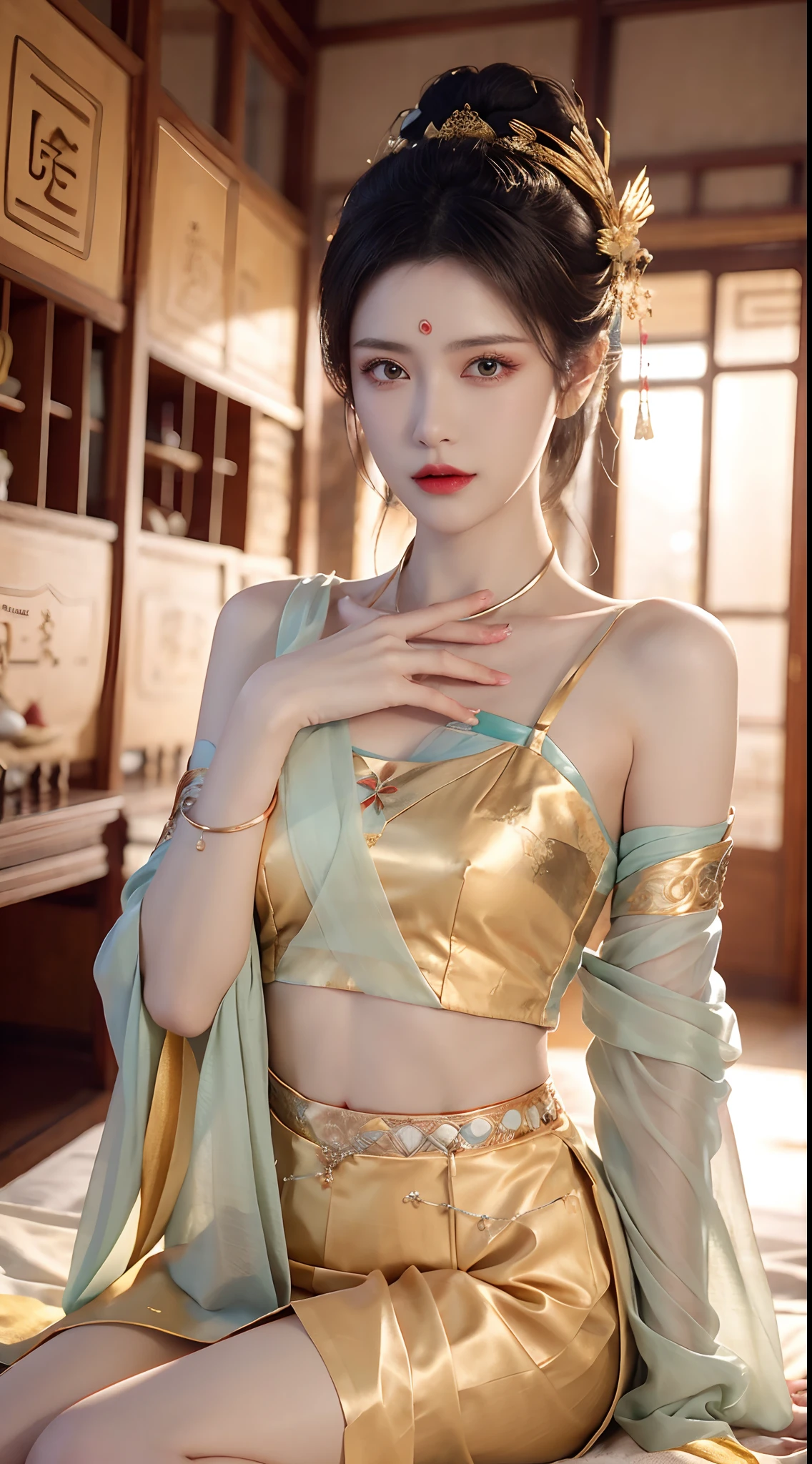 (primitive, best qualtiy), realisticlying, (Realistic real: 1.3), best qualtiy, high detal, tmasterpiece, The is very detailed, illustration, 1 25-year-old goddess,full bodyesbian, Angular animation, Mess_Long_Hair, best qualtiy, 8k wallpaper, Very detailed Dunhuang uniform, ink, astounding, 电影灯光, lens_flare, Dunhuang style tunic, Raised sexy, Crop tops, Delicate blow to the bones, patterned legwear, Full body gold pattern, The ancient goddess wore Hanfu-style silk Ao Dai,Silk tulle clothes,(Dunhuang style:1.8)(The fantastic scenery of Dunhuang:1.8),Beautiful old face and extremely detailed makeup,Smooth pink skin,Flawless soft skin,Fine black eyebrows,Detailed eye makeup,Big yellow eyes,Eye makeup glitter,tall nose bridge,hair-bun,Hair brooch,Head and neck ornaments, Large, Round breasts,chubbiness,Red lipstick,Sweet little lips,A bracelet on the wrist,Jewelry on the body of the goddess Audai,Small tattoo on the forehead of the goddess,
