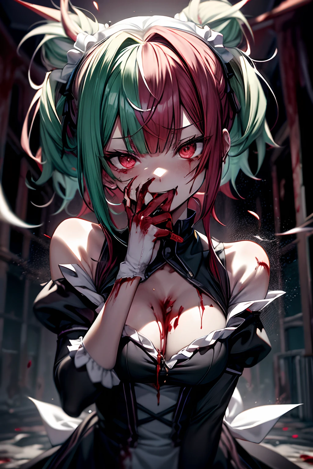 Longhaire、Twin-tailed、dishevled hair、long、Blunt bangs、Ahegao ( Silly / Sexual ecstasy)、dead body、Blood everywhere、blood splashing、dark hue、Red hue、maid、Green hair、