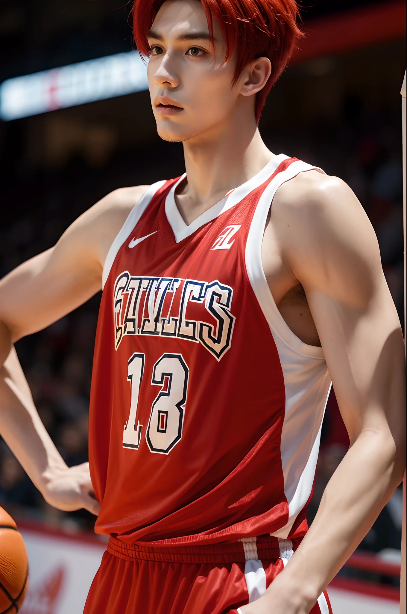 1boy, handsome, tall, thin, muscular, plays basketball, wearing a jersey, red hair, parted in the middle hair, cool face