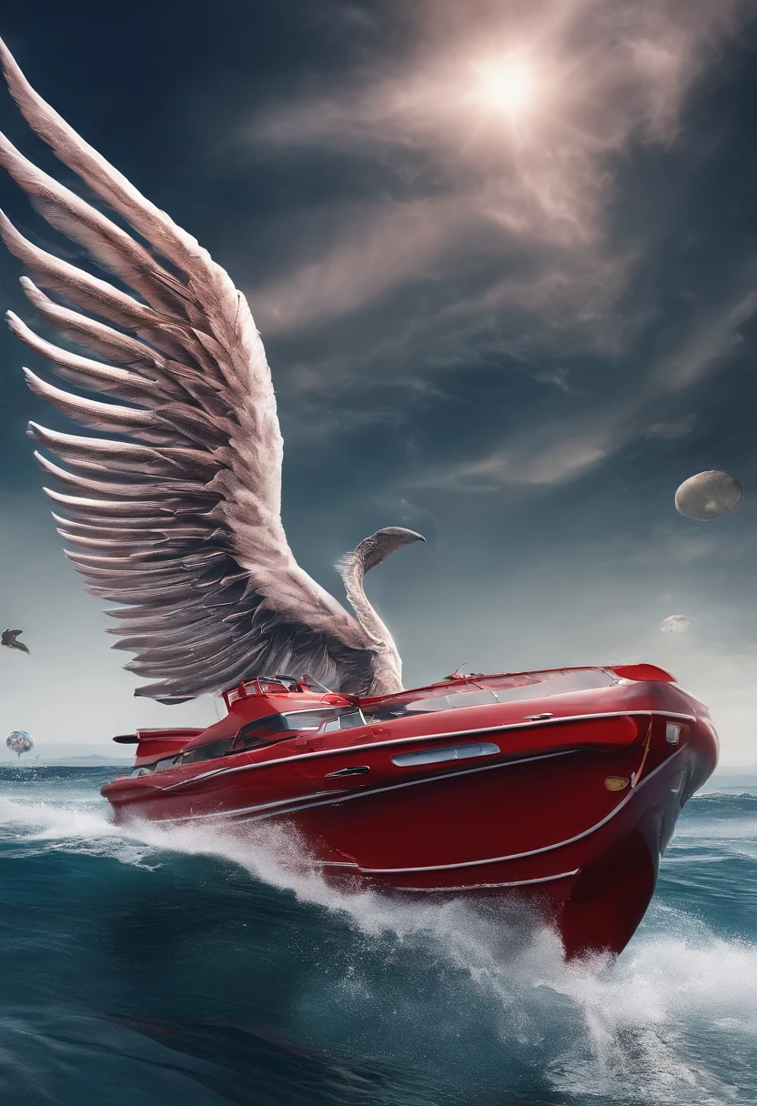 Araphedo on a red boat and a view of the big waves in the water, Infinite Angel Wings, Amazing reflections of the sky, Infinite Angel Wings, clouds and wings and waves, angels in the sky, beautiful angelic wings, the angel's wings, epic angel wings, Amazing skies, big white glowing wings, ethereal wings, Angel wings, bird wings, Amazing skies, Feathered wings