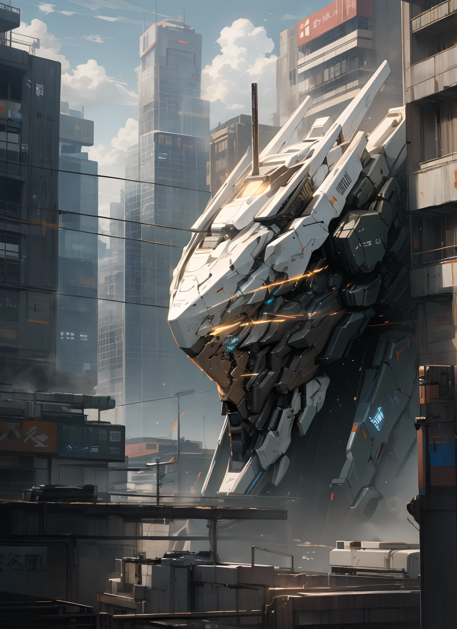 sky, cloud, holding_weapon, no_humans, glowing, , robot, building, glowing_eyes, mecha, science_fiction, city, realistic,mecha