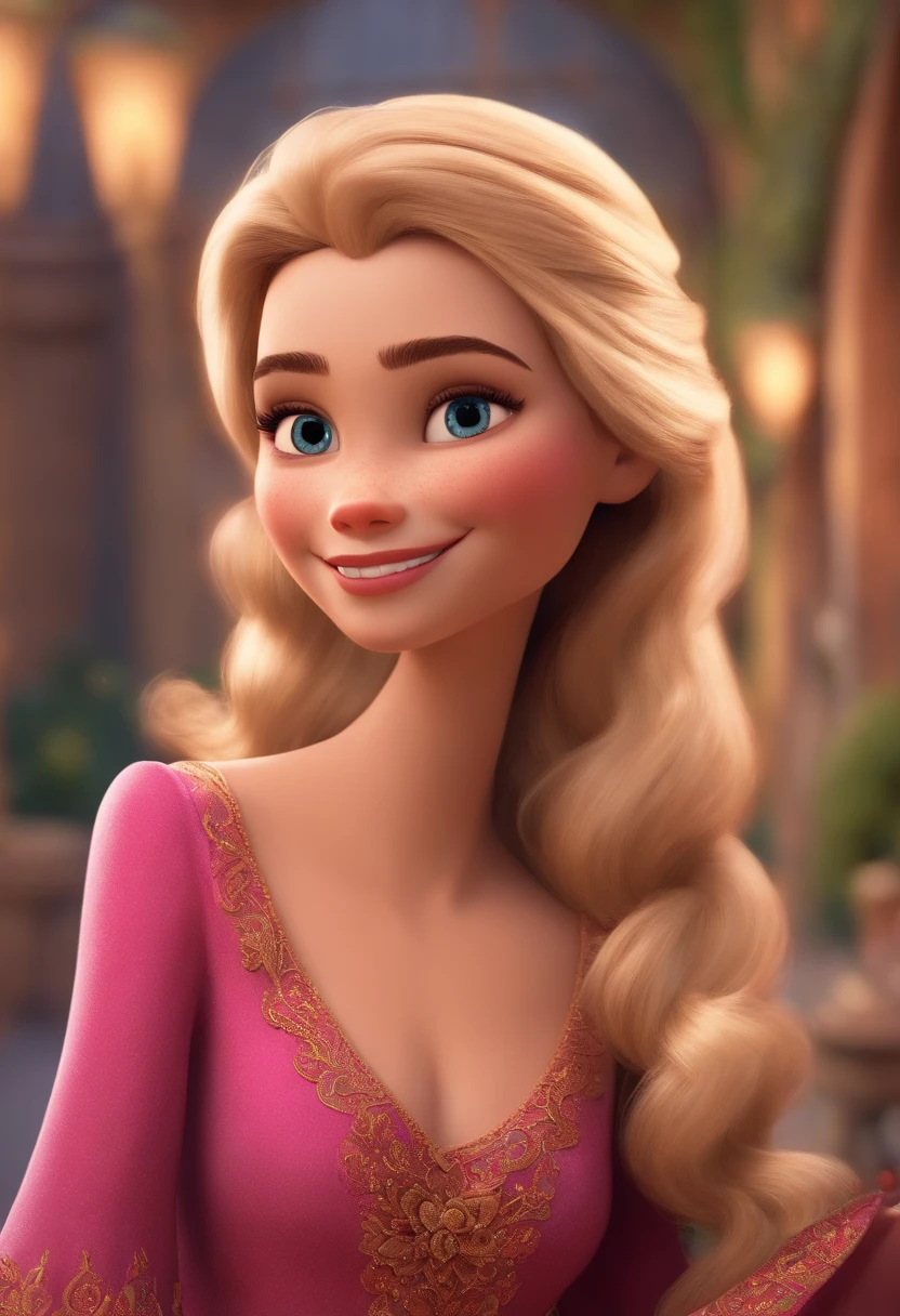 Imagem de uma menina, for a story in a YouTube video in Pixar format, She's blonde with straight hair, olhos castanhos e um sorriso lindo, meiga e usa um vestido rosa