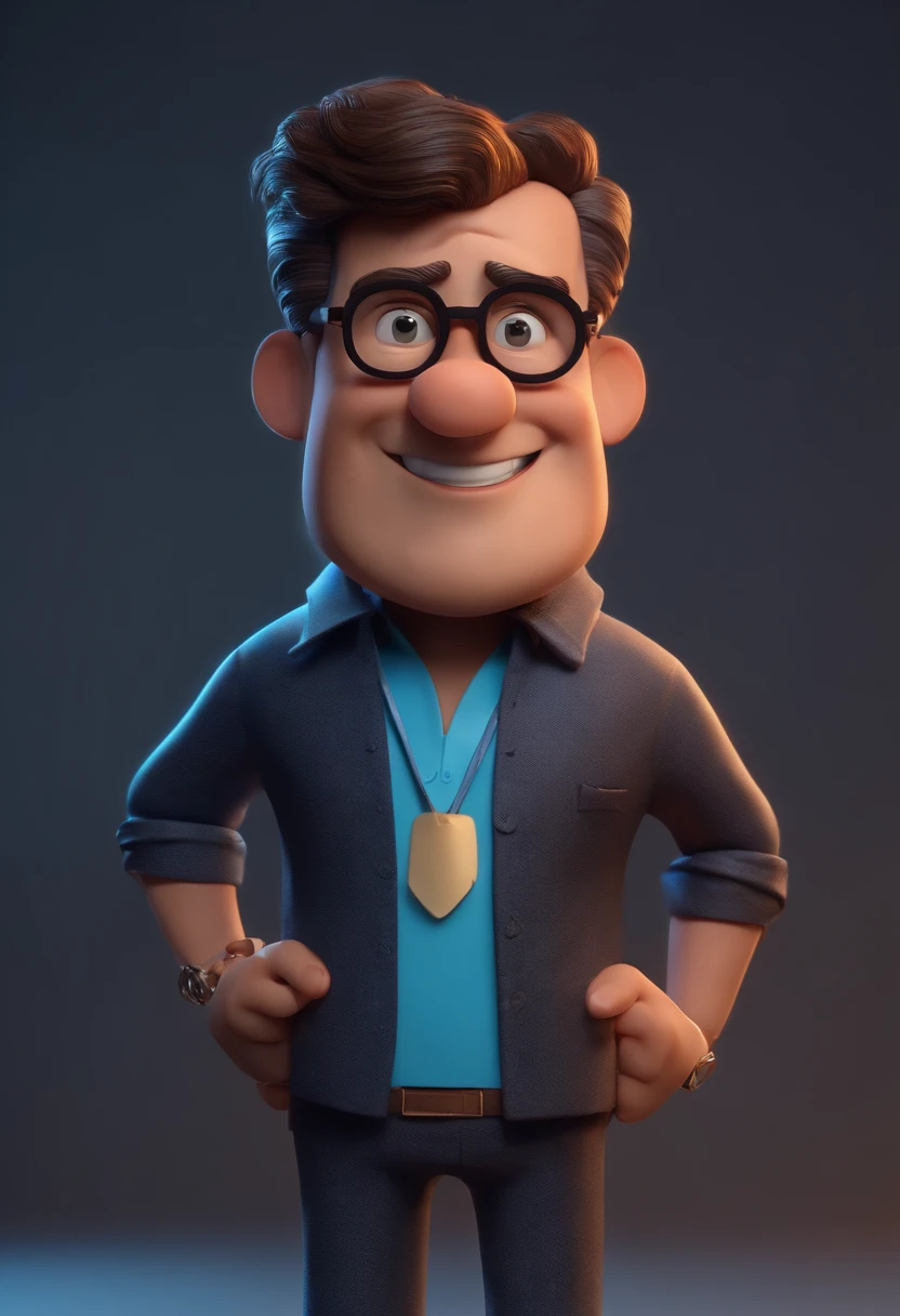 Cartoon character of a man wearing black glasses and a blue shirt, um personagem animado, Caractere estilizado, animation style rendering, 3D estilizado, Arnold Maya render, 3 d render stylized, toon render keyshot, Personagem 3D, Personagem 3D, 3d rendering stylized, 3 d character render, personagem de desenho animado, Personagem de close up, Pose de personagem, (Estilo Pixar) (master part:1.2) (Bokeh) (best quality) (pele detalhada) (textura detalhada) (8k) (argila) (Cinematic lighting) (foco nítido，Senta e vaza a parte superior do corpo