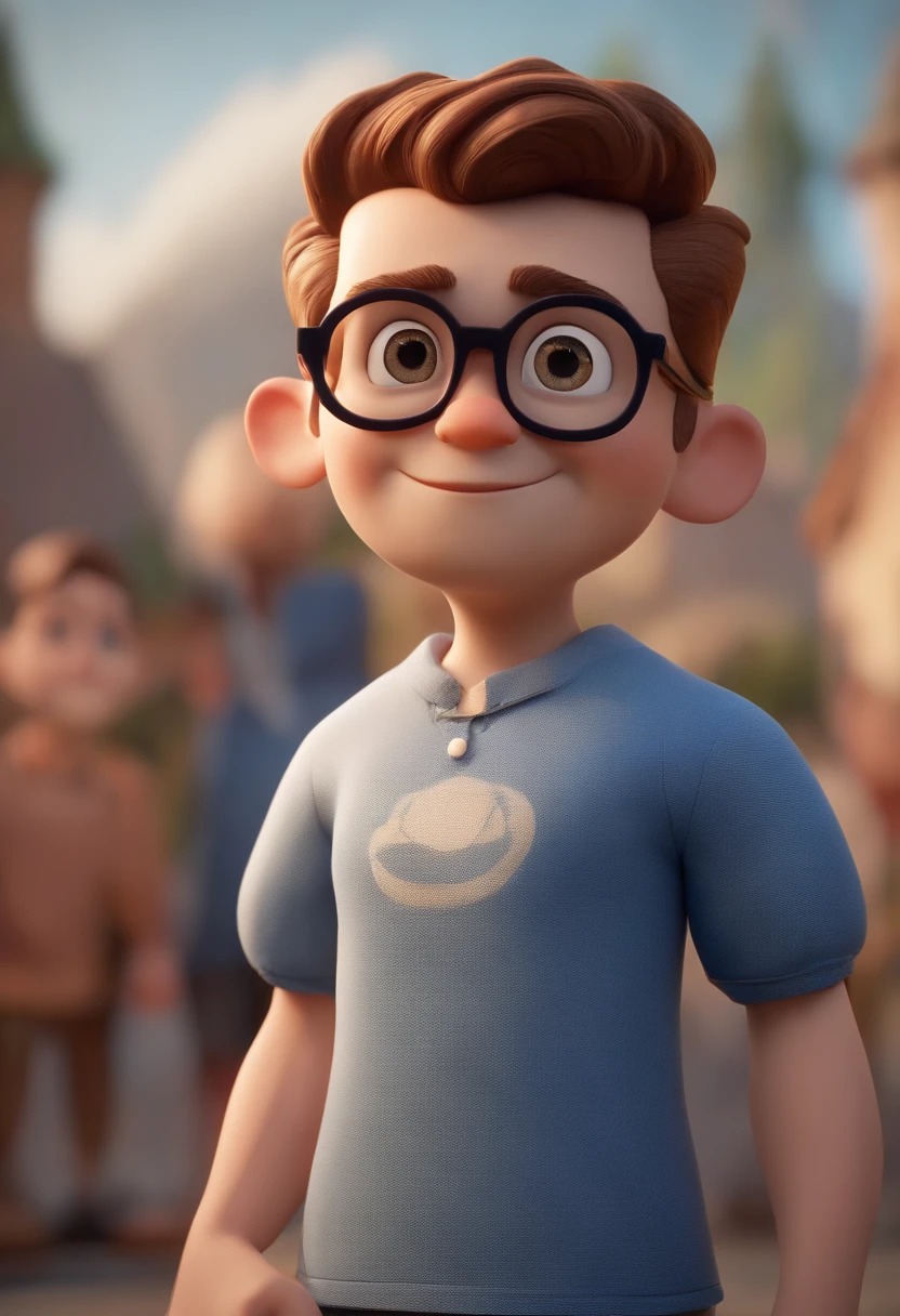 Cartoon character of a man wearing black glasses and a blue shirt, um personagem animado, Caractere estilizado, animation style rendering, 3D estilizado, Arnold Maya render, 3 d render stylized, toon render keyshot, Personagem 3D, Personagem 3D, 3d rendering stylized, 3 d character render, personagem de desenho animado, Personagem de close up, Pose de personagem, (Estilo Pixar) (master part:1.2) (Bokeh) (best quality) (pele detalhada) (textura detalhada) (8k) (argila) (Cinematic lighting) (foco nítido，Senta e vaza a parte superior do corpo