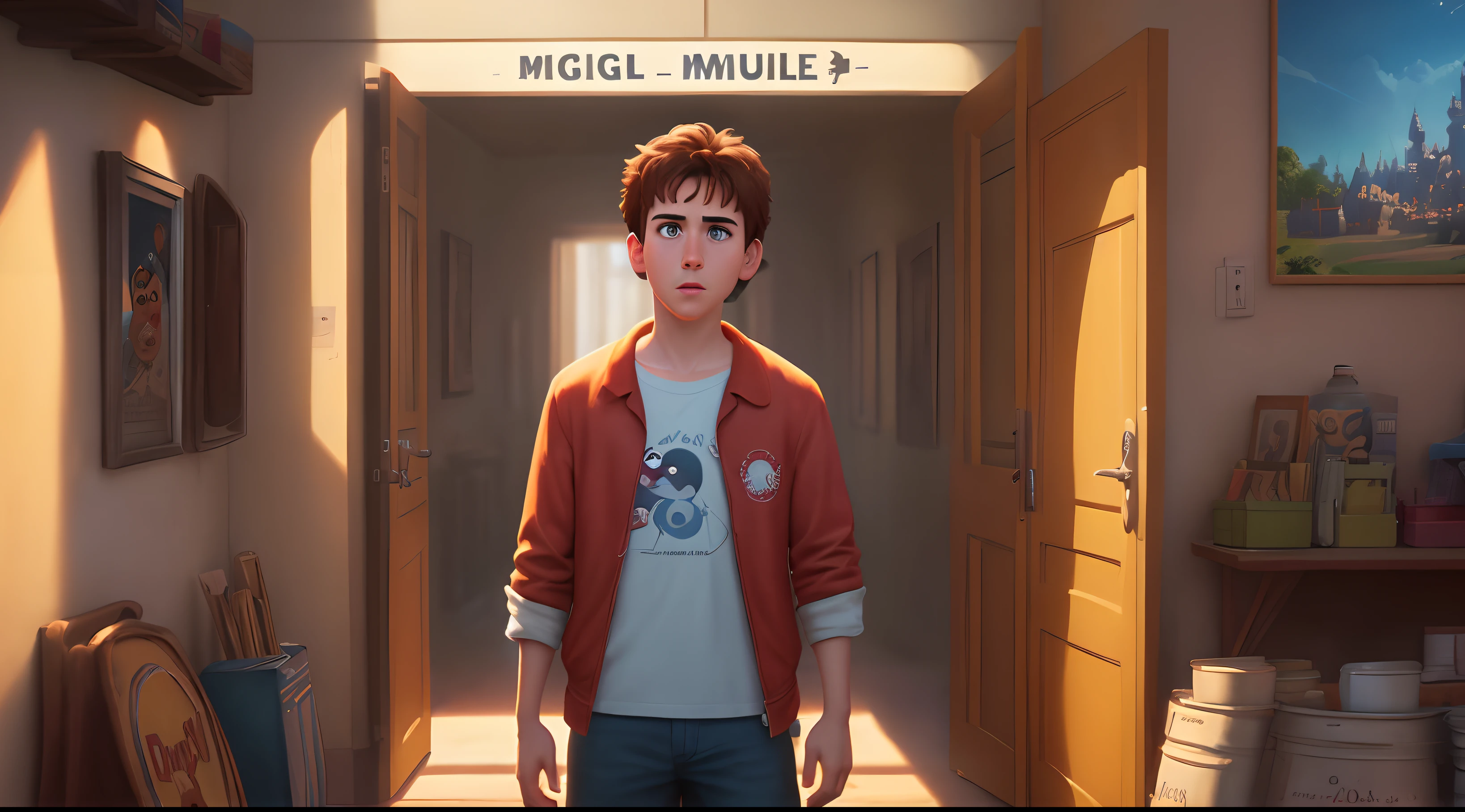 Disney pixar-inspired movie poster with title "(miguel)". (Menino com cabelo curto). The scene should be in the distinct digital art style of pixar, with