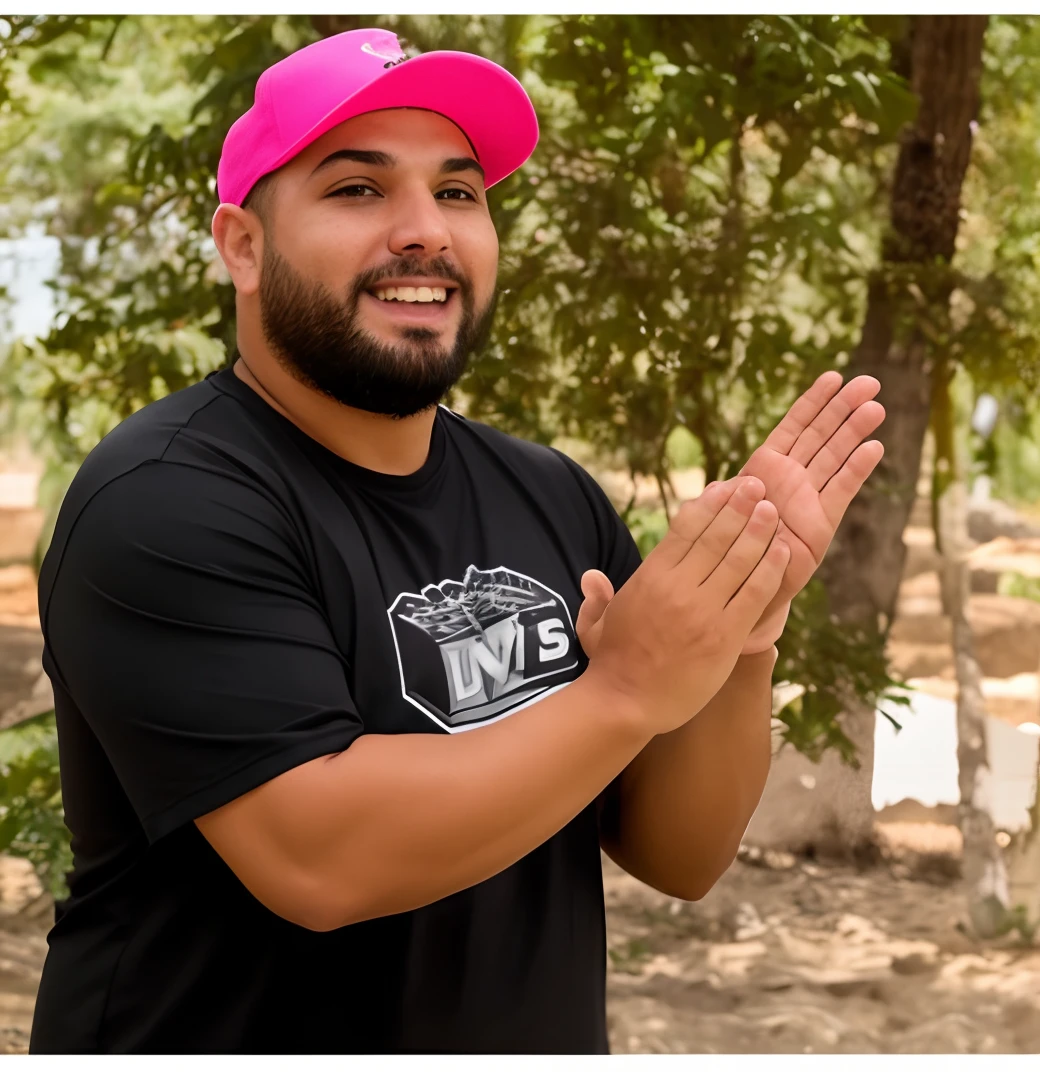 Man in black shirt and pink hat clapping his hands, lucas graziano, his palms are sweaty, luis melo, Alex Flores, David Villegas, Nick Silva, em frente a um fundo de floresta, david rios ferreira, daniel mirante, Joel Torres, Dan dos Santos, luiz escanuela, Brian Pulido, andres rios, andrew gonzalez