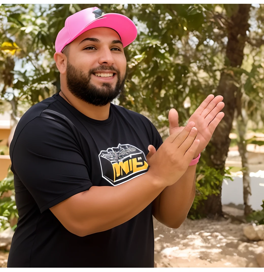 Man in black shirt and pink hat clapping his hands, lucas graziano, his palms are sweaty, luis melo, Alex Flores, David Villegas, Nick Silva, em frente a um fundo de floresta, david rios ferreira, daniel mirante, Joel Torres, Dan dos Santos, luiz escanuela, Brian Pulido, andres rios, andrew gonzalez