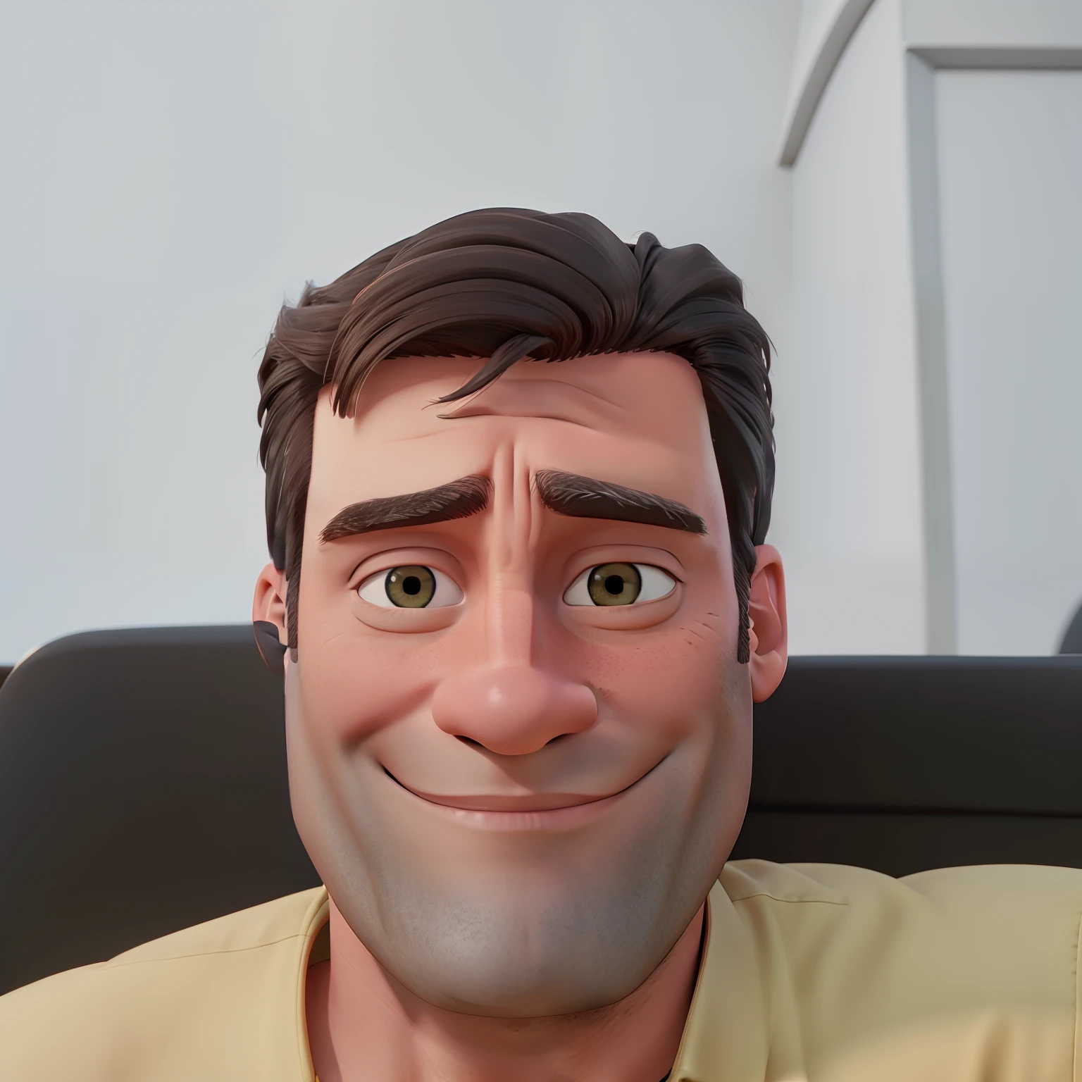 Jon Hamm, Cartoons in orange shirt and black pants, arms crossed, olhando para frente e sorrindo com os dentes aparecendo;