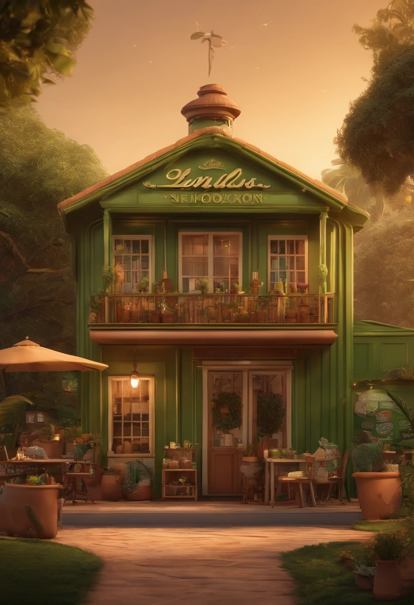 Desenho em estilo 3D da Pixar de uma paleteria chamada Las paletas Brasil, verde marron e creme