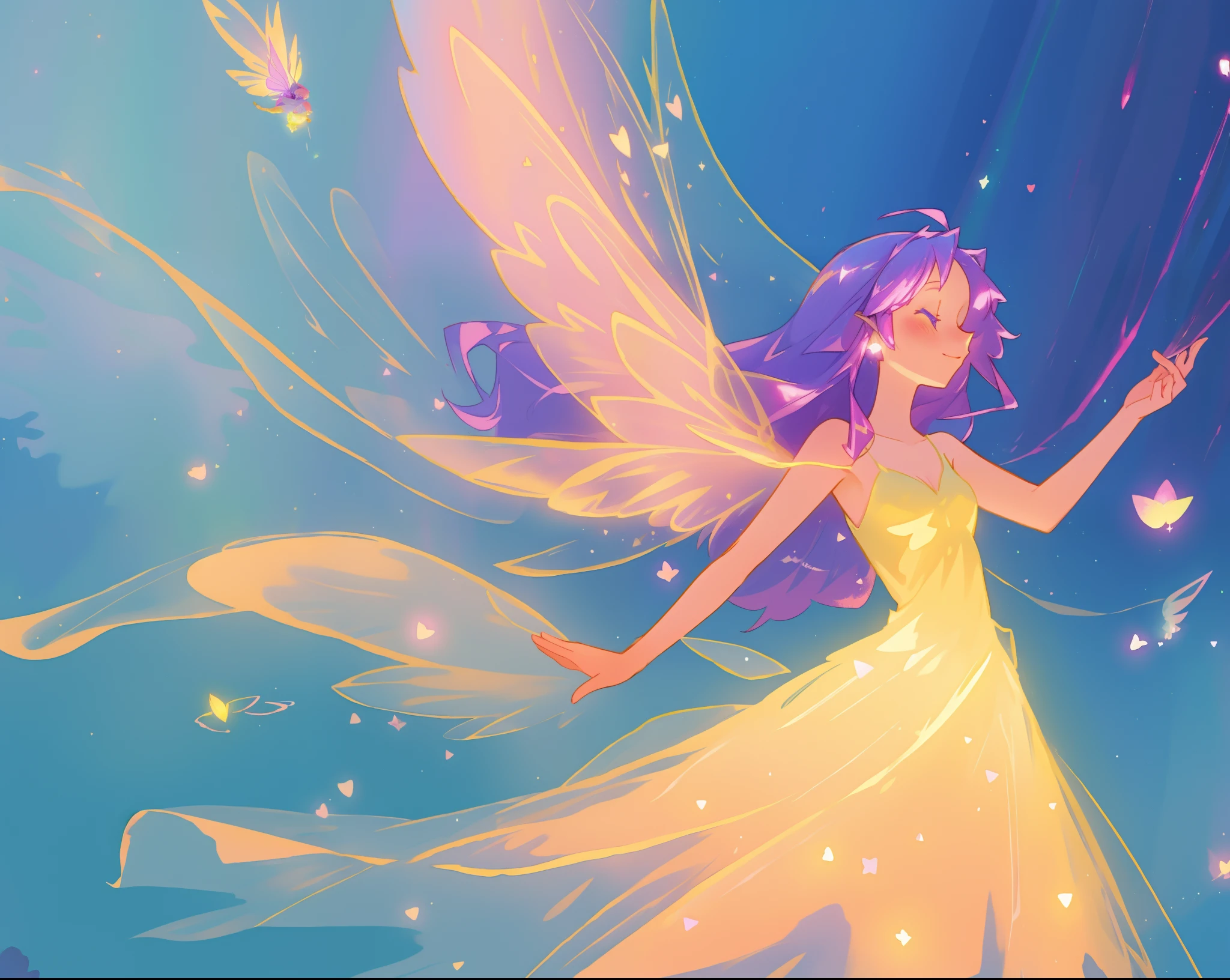 beautiful fairy girl in fluttering yellow dress, layered fairy dress, (huge sparkling pink fairy wings), long dark purple hair, fairy queen, ((magical colorful otherworldly background)), colorful fantasia background, (glowing fairy wings), glowing flowing ballgown, long hair, sparkling fairy wings, watercolor illustration, glowing aura around her, glowing lights, beautiful digital illustration, fantasia otherworldly background, beautiful, (masterpiece), best quality