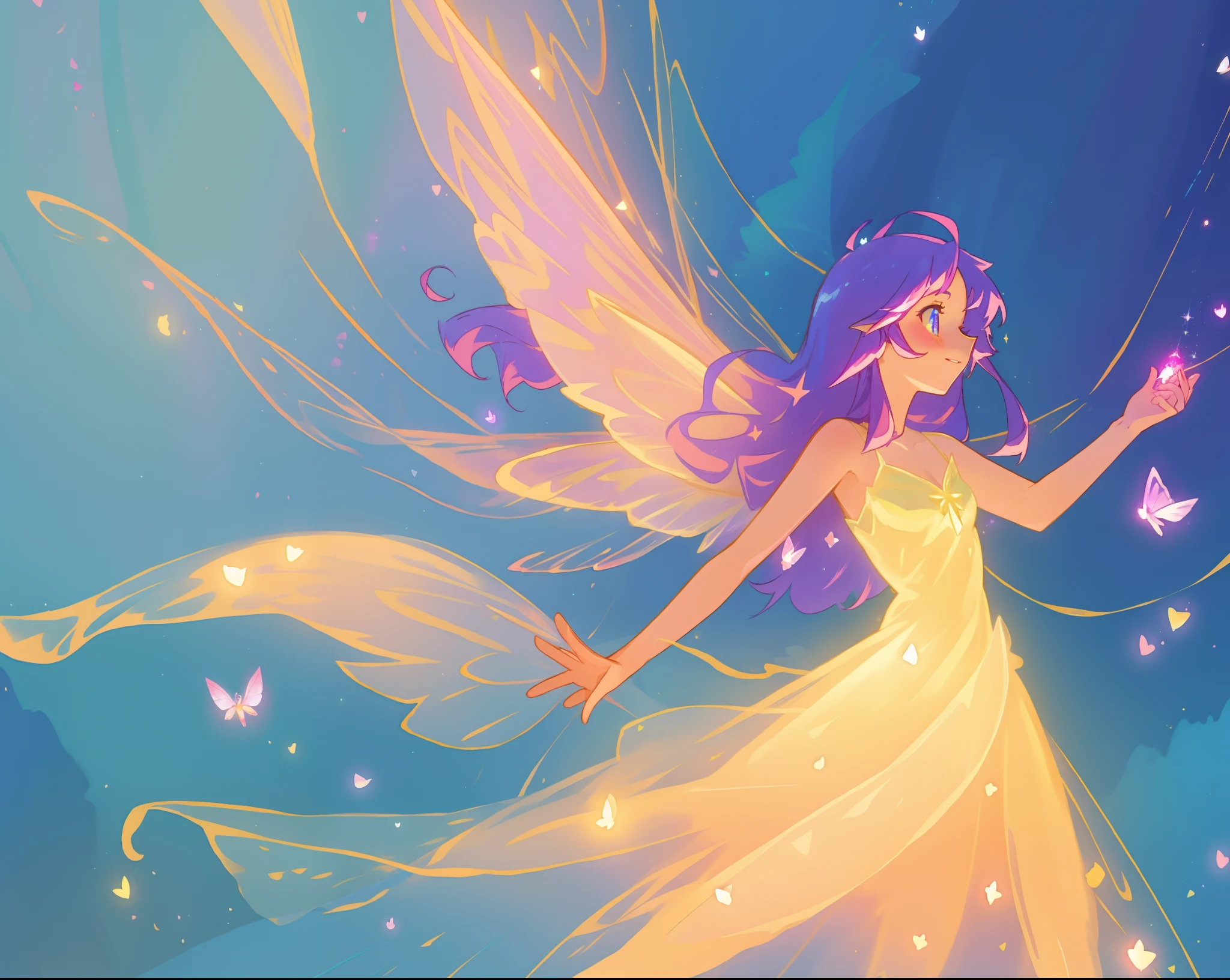 beautiful fairy girl in fluttering yellow dress, layered fairy dress, (huge sparkling pink fairy wings), long dark purple hair, fairy queen, ((magical colorful otherworldly background)), colorful fantasia background, (glowing fairy wings), glowing flowing ballgown, long hair, sparkling fairy wings, watercolor illustration, glowing aura around her, glowing lights, beautiful digital illustration, fantasia otherworldly background, beautiful, (masterpiece), best quality