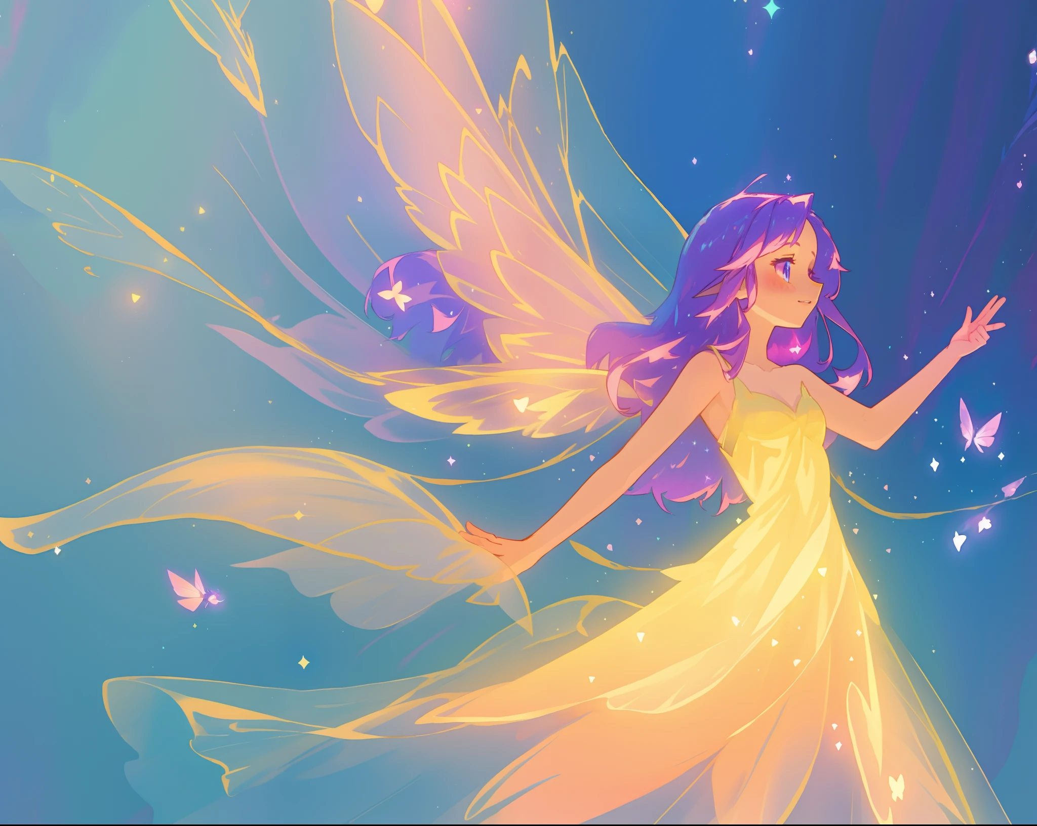 beautiful fairy girl in fluttering yellow dress, layered fairy dress, (huge sparkling pink fairy wings), long dark purple hair, fairy queen, ((magical colorful otherworldly background)), colorful fantasia background, (glowing fairy wings), glowing flowing ballgown, long hair, sparkling fairy wings, watercolor illustration, glowing aura around her, glowing lights, beautiful digital illustration, fantasia otherworldly background, beautiful, (masterpiece), best quality