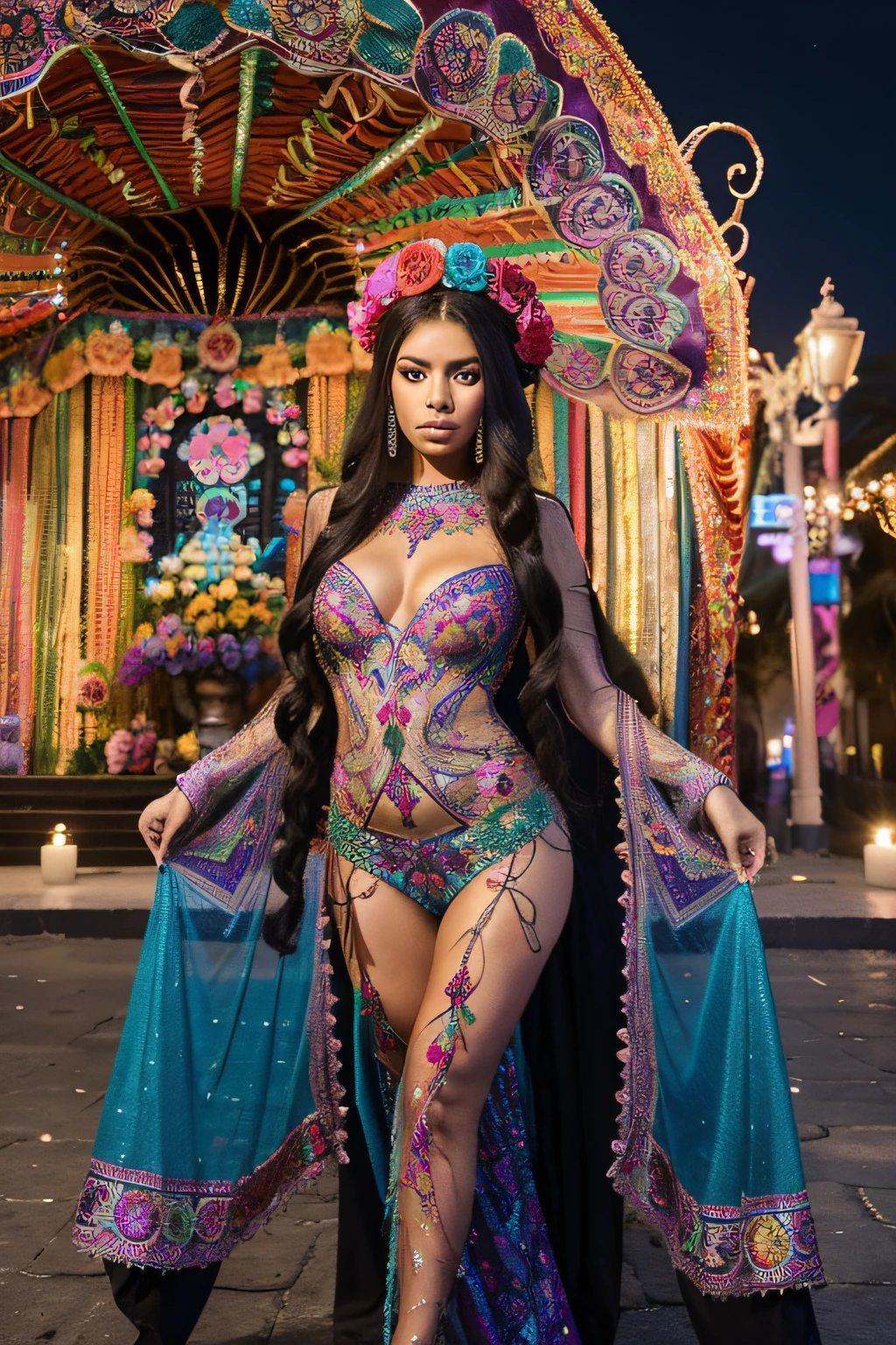 photorealistic sexy young Latina woman with very long hair dressed in colorful sparkly see through long elaborate Catrina dress that has embroidery details. she has highly detailed and colorful Dia de Los Muertos makeup that shows skin texture and the photo looks very natural. Full body pose. She is standing in front of Day of the dead altar in the nighttime in mexico