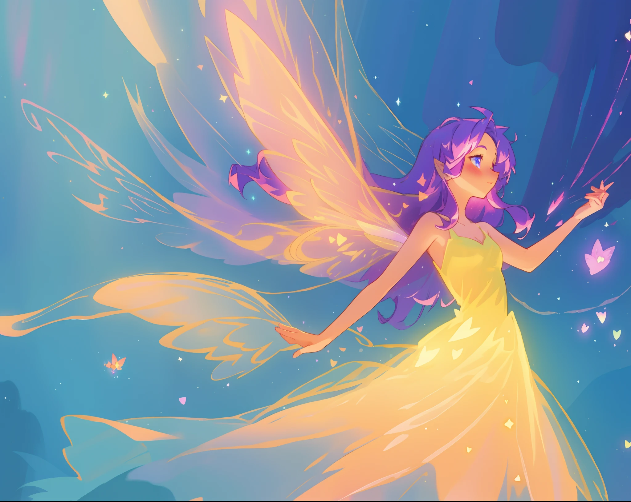 beautiful fairy girl in fluttering yellow dress, layered fairy dress, (huge sparkling pink fairy wings), long dark purple hair, fairy queen, ((magical colorful otherworldly background)), colorful fantasia background, (glowing fairy wings), glowing flowing ballgown, long hair, sparkling fairy wings, watercolor illustration, glowing aura around her, glowing lights, beautiful digital illustration, fantasia otherworldly background, beautiful, (masterpiece), best quality