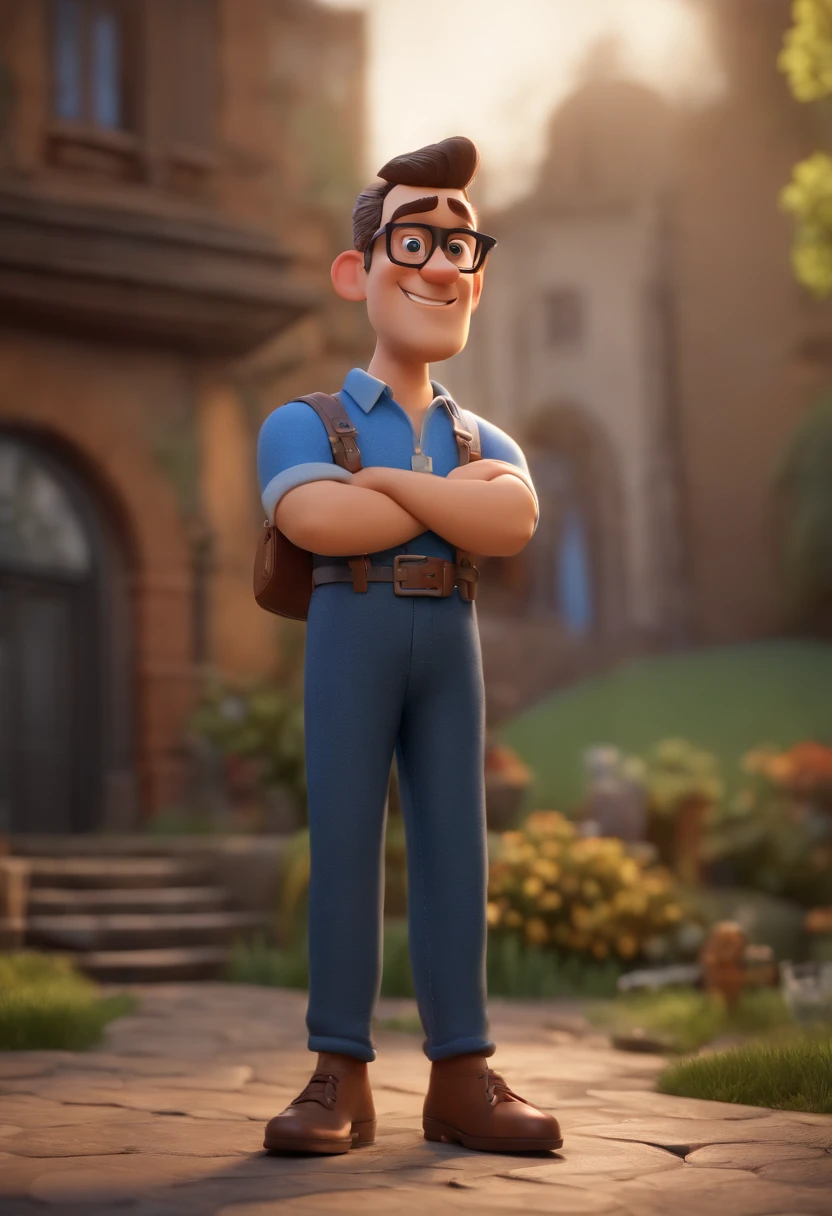 Cartoon character of a man wearing black glasses and a blue shirt, um personagem animado, Caractere estilizado, animation style rendering, 3D estilizado, Arnold Maya render, 3 d render stylized, toon render keyshot, Personagem 3D, Personagem 3D, 3d rendering stylized, 3 d character render, personagem de desenho animado, Personagem de close up, Pose de personagem, (Estilo Pixar) (master part:1.2) (Bokeh) (best quality) (pele detalhada) (textura detalhada) (8k) (argila) (Cinematic lighting) (foco nítido