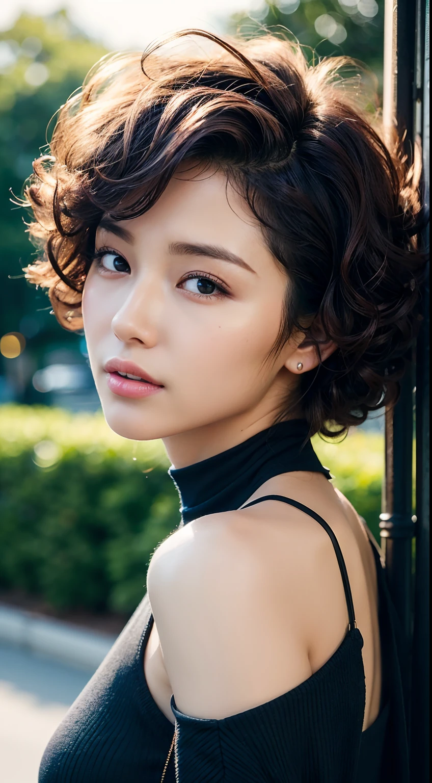 、(Photorealsitic:1.4)、(hyper realisitic:1.4)、(realisitic:1.3)、(Smooth lighting:1.05)、(Improved lighting quality in movies:0.9)、32K、1girl in、28-year-old girl、Realistic lighting、Back lighting、Facial light、raytrace、(brightened light:1.2)、(enhanced quality:1.4)、finely eye、finerly detailed face、Fine quality eye、(Tired, sleepy and satisfied:0.0)、 Black shirt、(Enhances skin texture:1.1)、realistic skin textures,Perm Hair、Afro hair、Curly hair、curlyhair