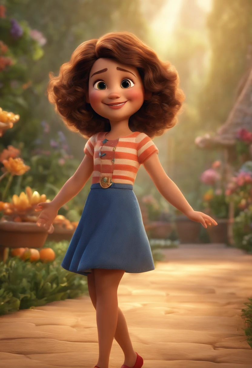 "(best quality,ultra-detalhado,Realistic:1.37),3D rendering,illustration,design de personagens,cabelos curtos e cacheados escuros,belos olhos detalhados,Estilo Pixar,morena mulher,Dancing on the Disney stage,atmosfera animada,vivid colors,luzes de palco,expression joyful"