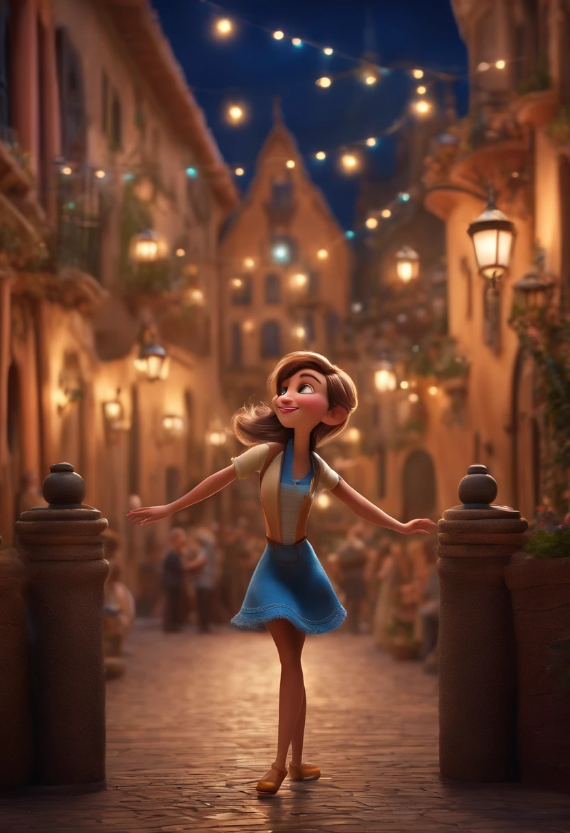 "(best quality,ultra-detalhado,Realistic:1.37),3D rendering,illustration,design de personagens,cabelos curtos e cacheados escuros,belos olhos detalhados,Estilo Pixar,morena mulher,Dancing on the Disney stage,atmosfera animada,vivid colors,luzes de palco,expression joyful"