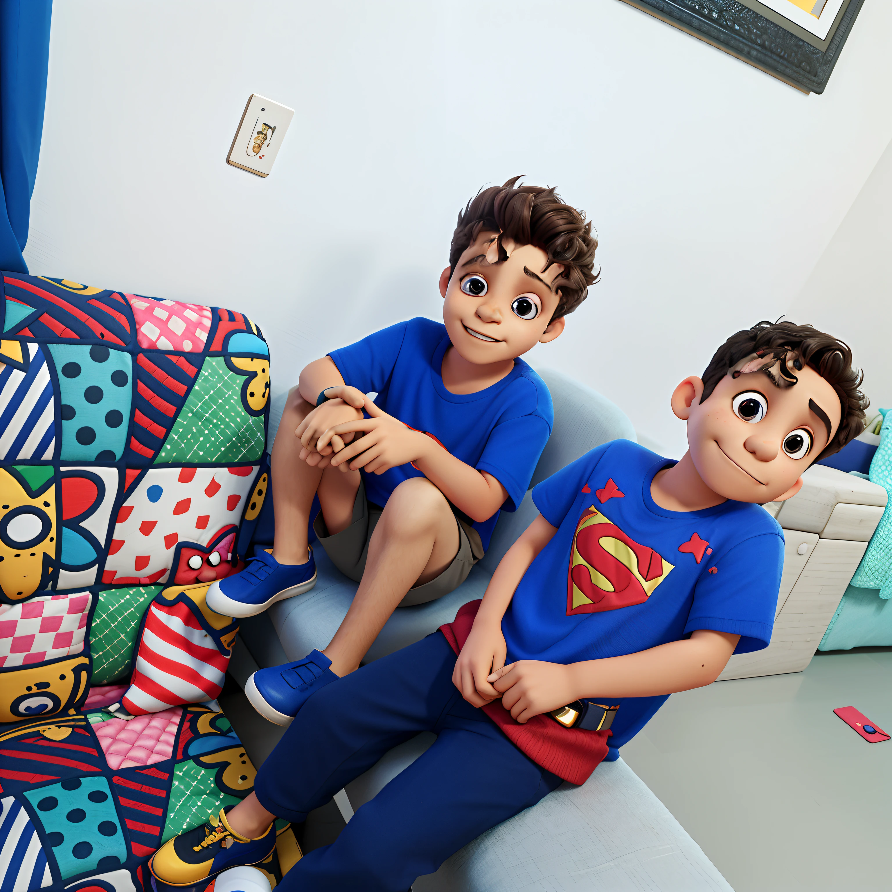 There's two boys sitting on a couch together, meninos bonitos, both smiling for the camera, Salvando o dia novamente, Super heroes, divertindo-se, dois amigos sentados em uma sala, Looks doces, cabrito, Directed by: Nandor Soldier, Mohamed Reda, super herois, Super fofo, Riyahd Cassiem, Directed by: Bouchta El Hayani