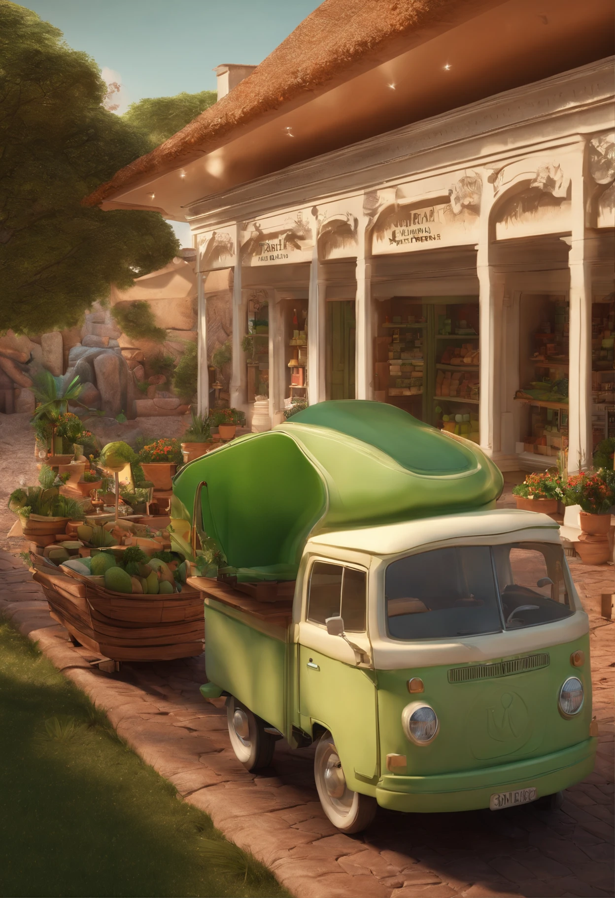 Desenho em estilo 3D da Pixar de uma paleteria chamada Las paletas Brasil, verde marron e creme