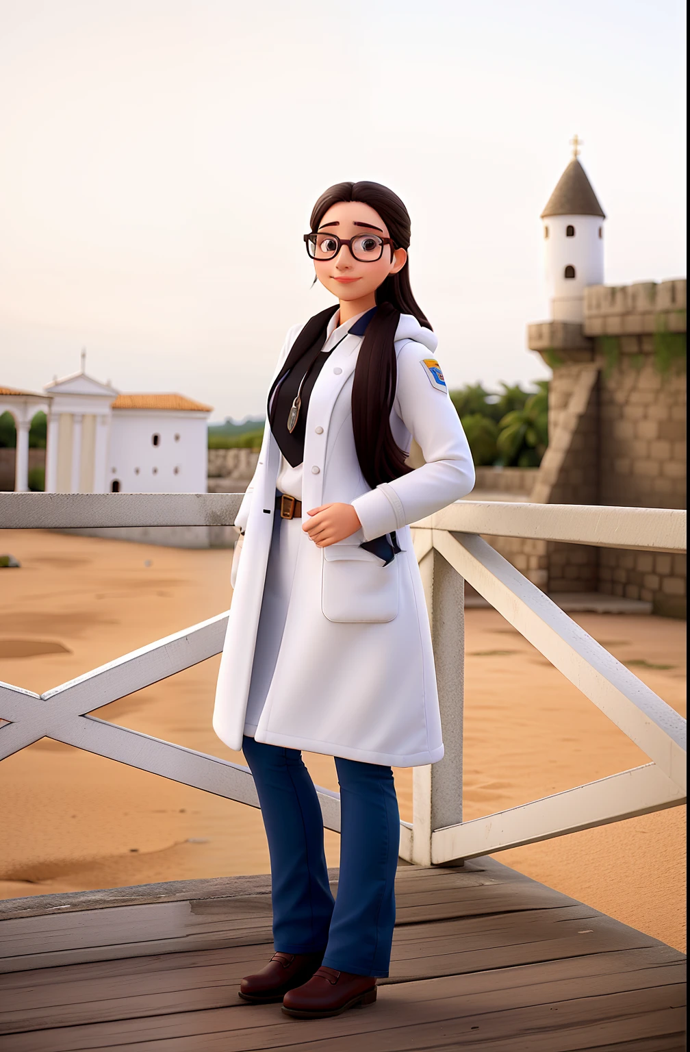 Woman wearing white coat glasses in the fortress of São José de Macapá