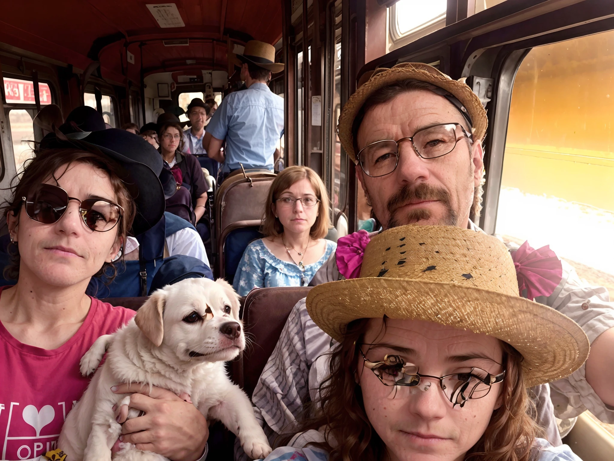 There's three people on a train with a dog and a hat, muito bobo olhando, dentro do trem, Family photo, tirado no iphone 14 pro, foto Selfie, vacation photo, Trem, Selfie, 4 5 I, divertindo-se, foto do snapchat, Tiro no iPhone 6, wearing Victorian glasses, Foto tirada em 2018