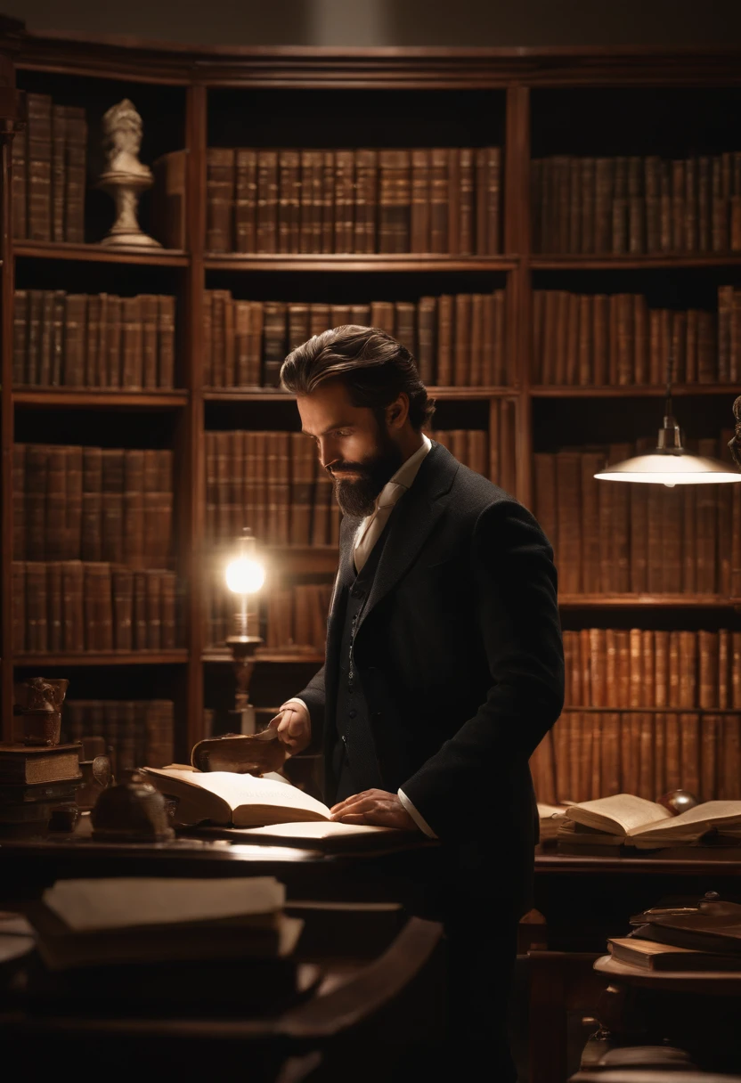 Scene: A luxurious, well-lit workroom filled with bookshelves, where sunlight gently filters through heavily curtained windows. The room is decorated with dark wooden furniture and a spacious desk, on which books are stacked. There is a sense of serenity and wisdom in the environment.
Character: Professor Bruno, a 41-year-old Caucasian man, with a short, trimmed beard that highlights his face, black hair meticulously combed. He stands out with his height of 1.73 meters and weight of 75 kilos, in great shape, displaying confidence and a striking presence. Professor Bruno is immersed in his work, leafing through books and taking notes while the bookshelf in the background reminds him of his passion for the pursuit of knowledge. Cinematic lighting, profundidade de campo, Bokeh, realismo, fotorrealista, hiper-realismo, fotografia profissional, UHD, DSLR, HDR, environment occlusion, iris and pupil rendering, Advanced color sorting, Nvidia RTX RayTracing