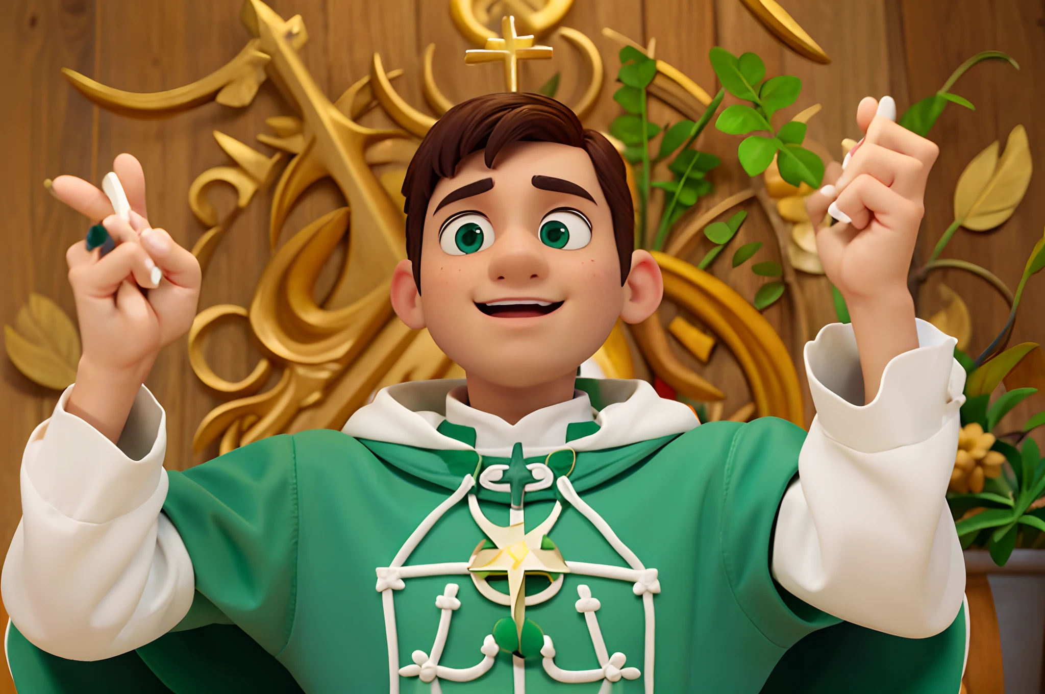 Priest man in green and white with hands up, Solis Sacerdotibus | | | | |, Alex Malveda, vestindo apenas um manto verde, sacerdote, A Catholic priest, Holy, hands of blessing, henry ascensio, green blessing, Catholic, blessing palms, vestido com um manto verde, Sf, holy ceremony, vestindo vestes verde-escuras, olhos fechados, Pixar-style animation with cinematic lighting, Cute and funny pixar character with rounded features, cara bonita