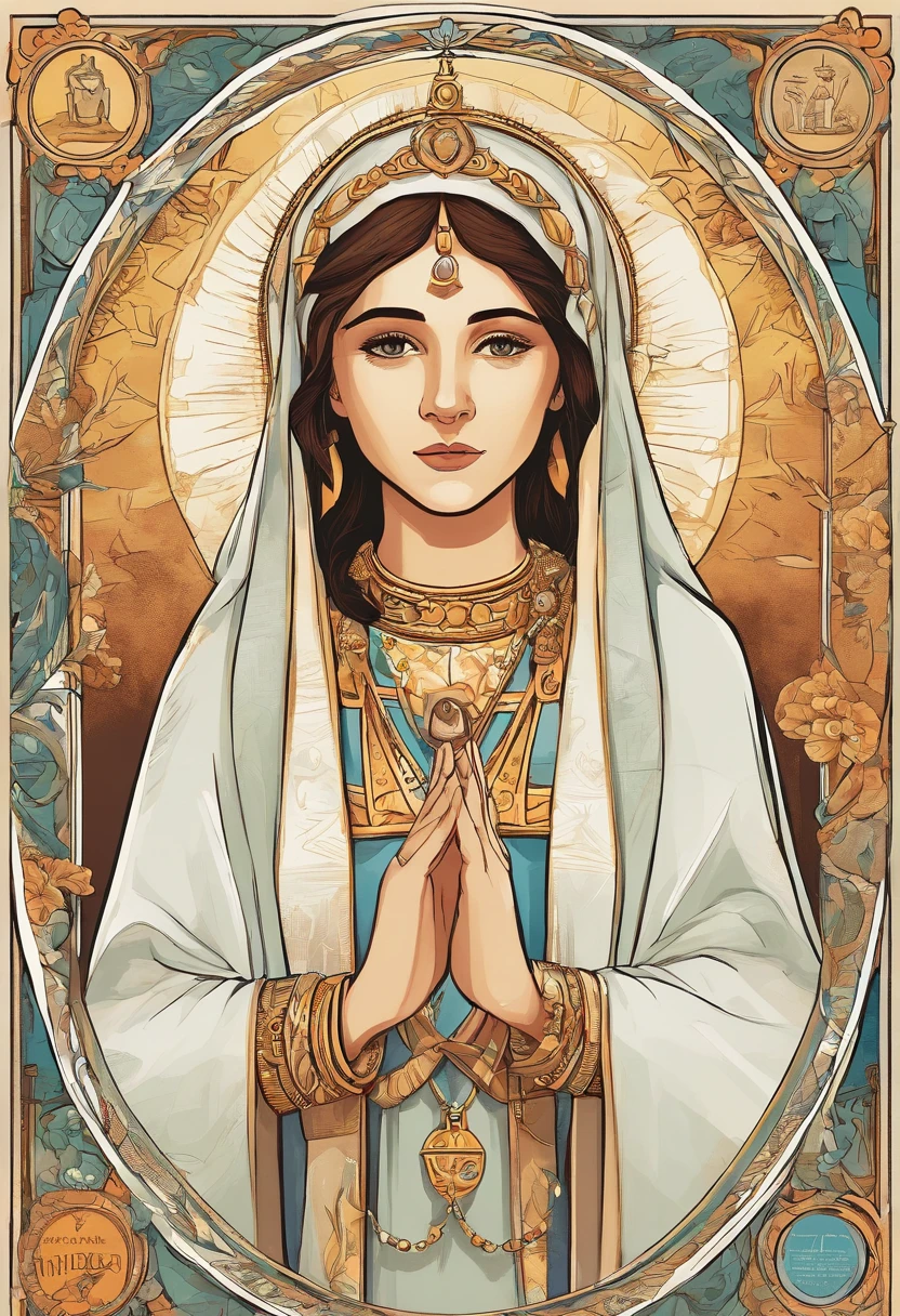 White background image of Our Lady of Fatima, Apparition of Mary in Portugal. The image has a serene face and his eyes are closed and express calm and piety. She has a long white veil that falls over her shoulders. Ela usa um manto branco que cobre todo o corpo (except the hands and feet) com detalhes dourados nas bordas (no colarinho e na cintura). Ela usa um colar com uma medalha milagrosa. She wears a gold Marian crown on her head (que tem uma cruz no topo). She holds a rosary in her right hand (que tem contas brancas e uma cruz dourada). The rosary is wrapped around the index finger and thumb. She is in a position of prayer. Her feet are bare in a white novem. The cloud is on top of a small bush-like tree.