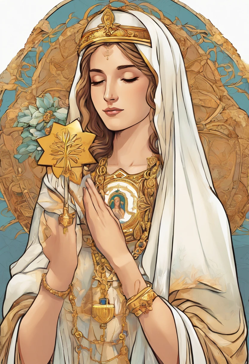 White background image of Our Lady of Fatima, Apparition of Mary in Portugal. The image has a serene face and his eyes are closed and express calm and piety. She has a long white veil that falls over her shoulders. Ela usa um manto branco que cobre todo o corpo (except the hands and feet) com detalhes dourados nas bordas (no colarinho e na cintura). Ela usa um colar com uma medalha milagrosa. She wears a gold Marian crown on her head (que tem uma cruz no topo). She holds a rosary in her right hand (que tem contas brancas e uma cruz dourada). The rosary is wrapped around the index finger and thumb. She is in a position of prayer. Her feet are bare in a white novem. The cloud is on top of a small bush-like tree.