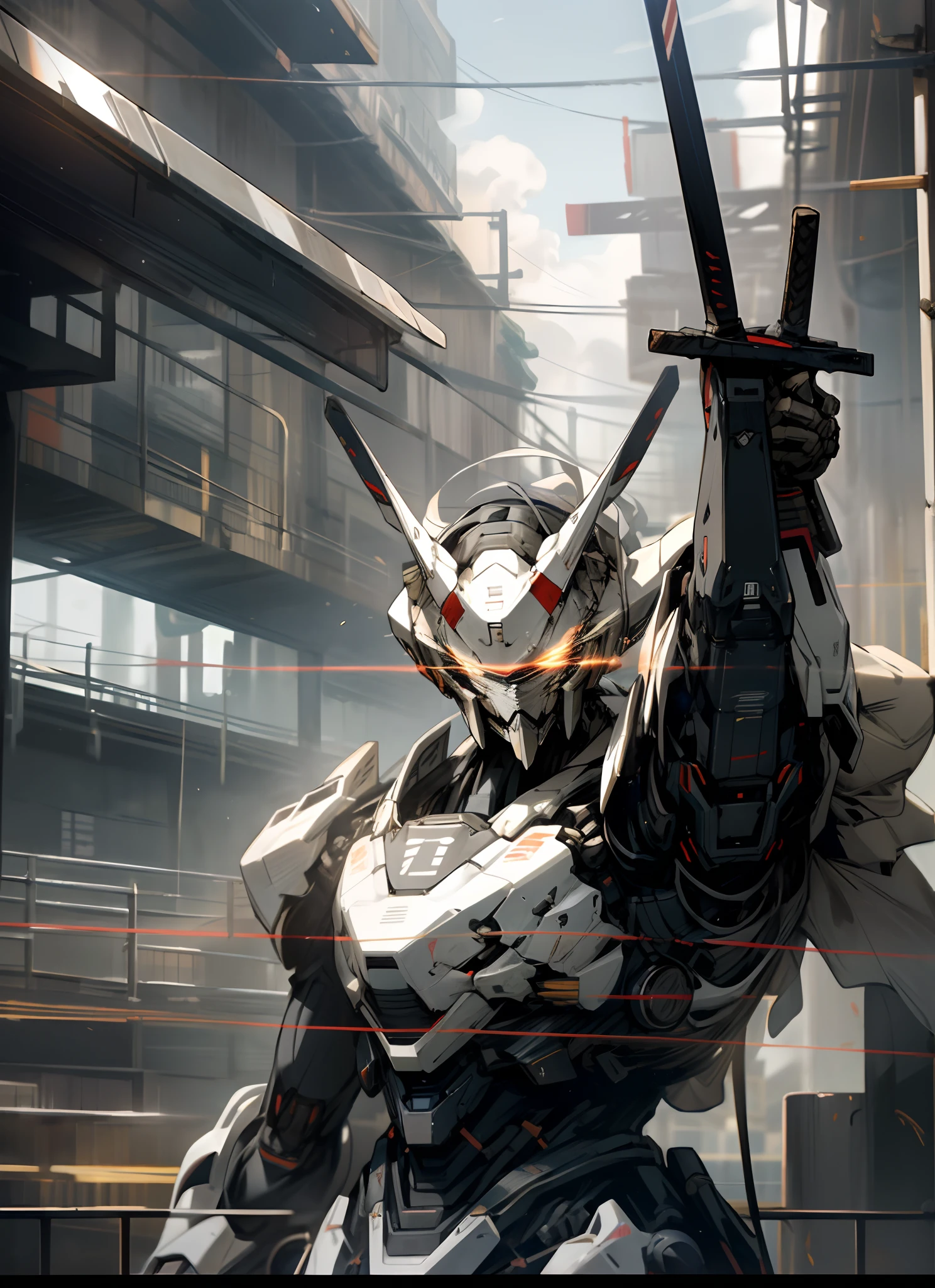 heaven, nuvem, holding_weapon, no_humans, brilhante, Roboto, bilding, glowing_eyes, mecha samurai, fiction_scientist, cidade, realista, mecha