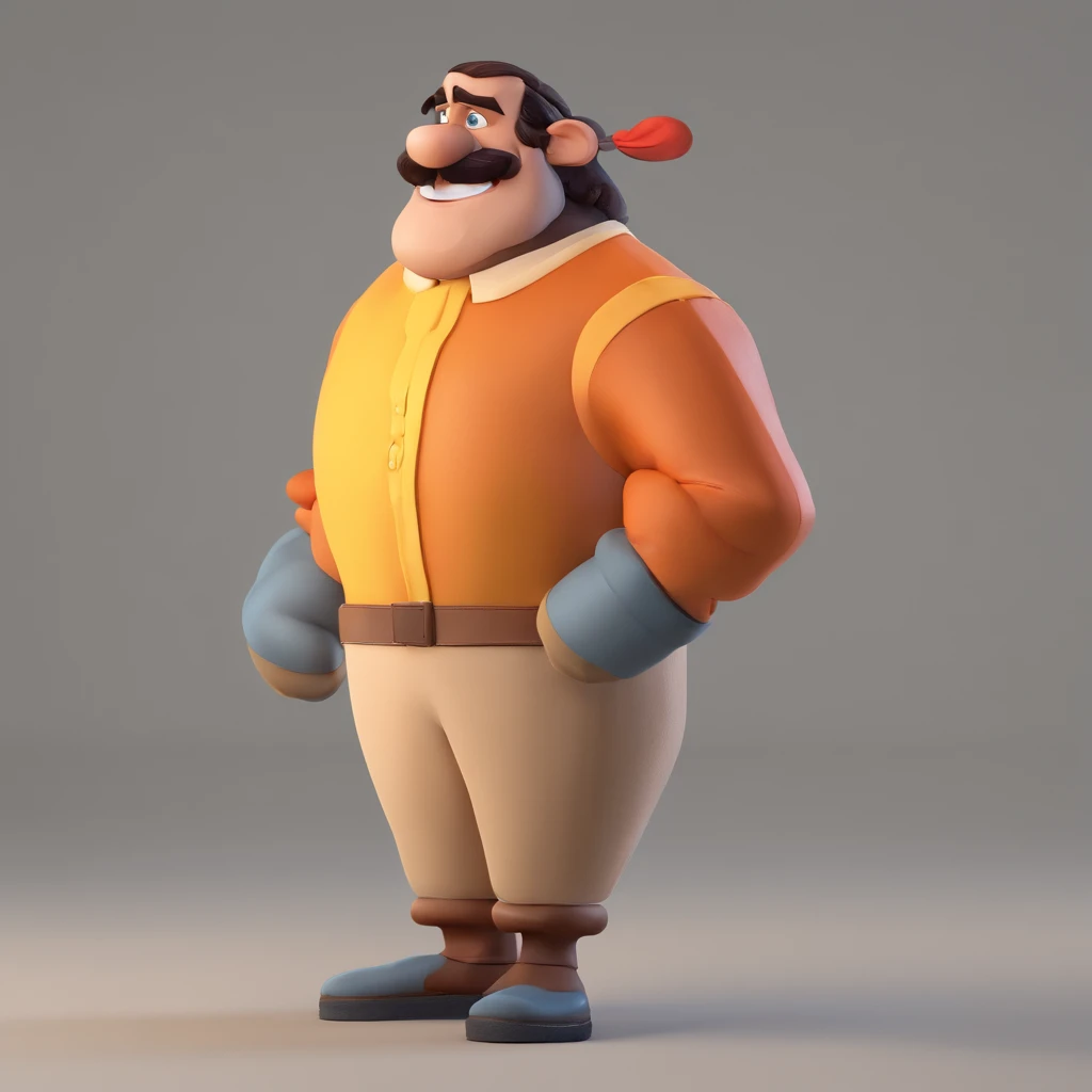 Criar um personagem no estilo Pixar. Trata-se de um homem de 30 anos, com barba, Branco, com cabelos castanhos curtos e um quiff, e olhos castanhos. Ele deve estar na frente de um computador, Trabalhar como designer
