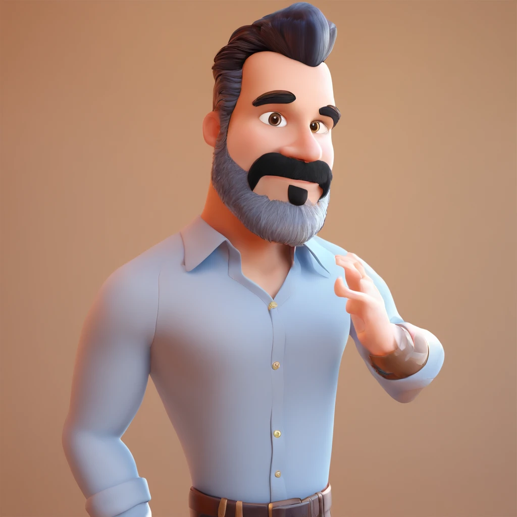 Criar um personagem no estilo Pixar. Trata-se de um homem de 30 anos, com barba, Branco, com cabelos castanhos curtos e um quiff, e olhos castanhos. Ele deve estar na frente de um computador, Trabalhar como designer