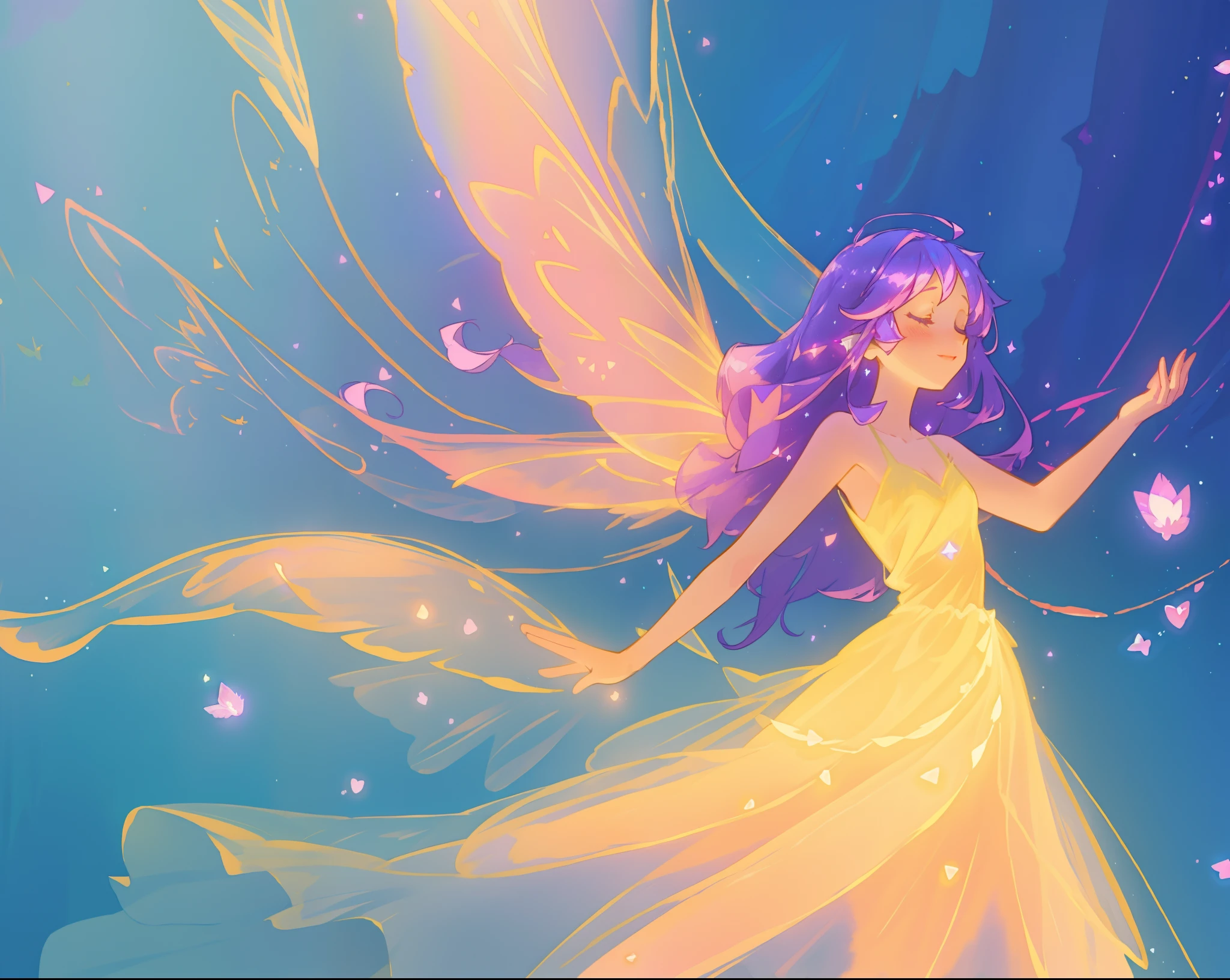 beautiful fairy girl in layered yellow dress, fluttering fairy dress, (huge sparkling pink fairy wings), long dark purple hair, fairy queen, (glowing fairy wings), glowing flowing ballgown, sparkling fairy wings, watercolor illustration, glowing aura around her, beautiful digital illustration, fantasia otherworldly background, beautiful, (masterpiece), best quality