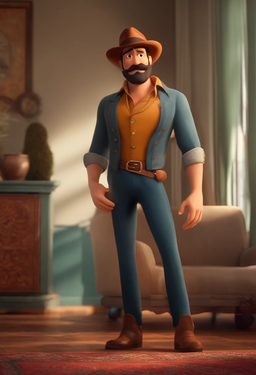 Estilo pixar, homem 30 anos, bonnet, olhos meio puxados e castanhos, barba e bigode