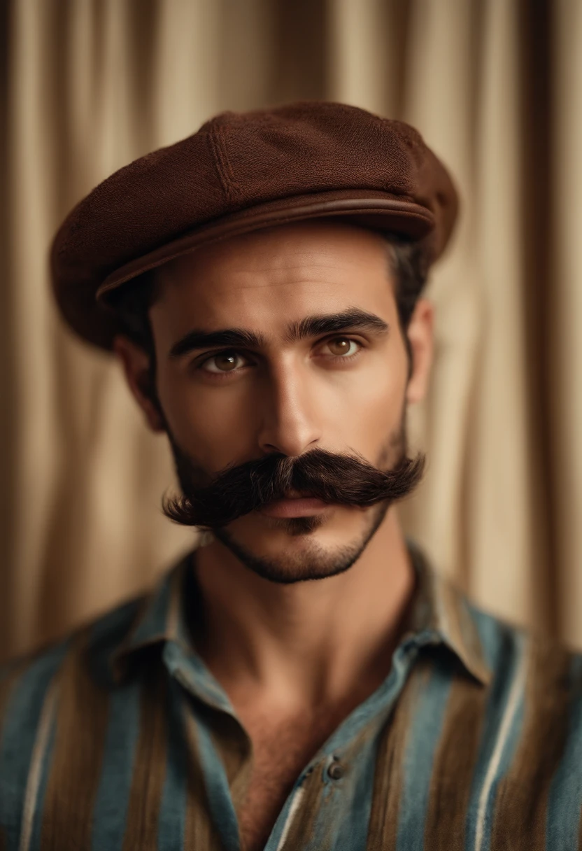 Estilo pixar, homem 30 anos, bonnet, olhos meio puxados e castanhos, barba e bigode