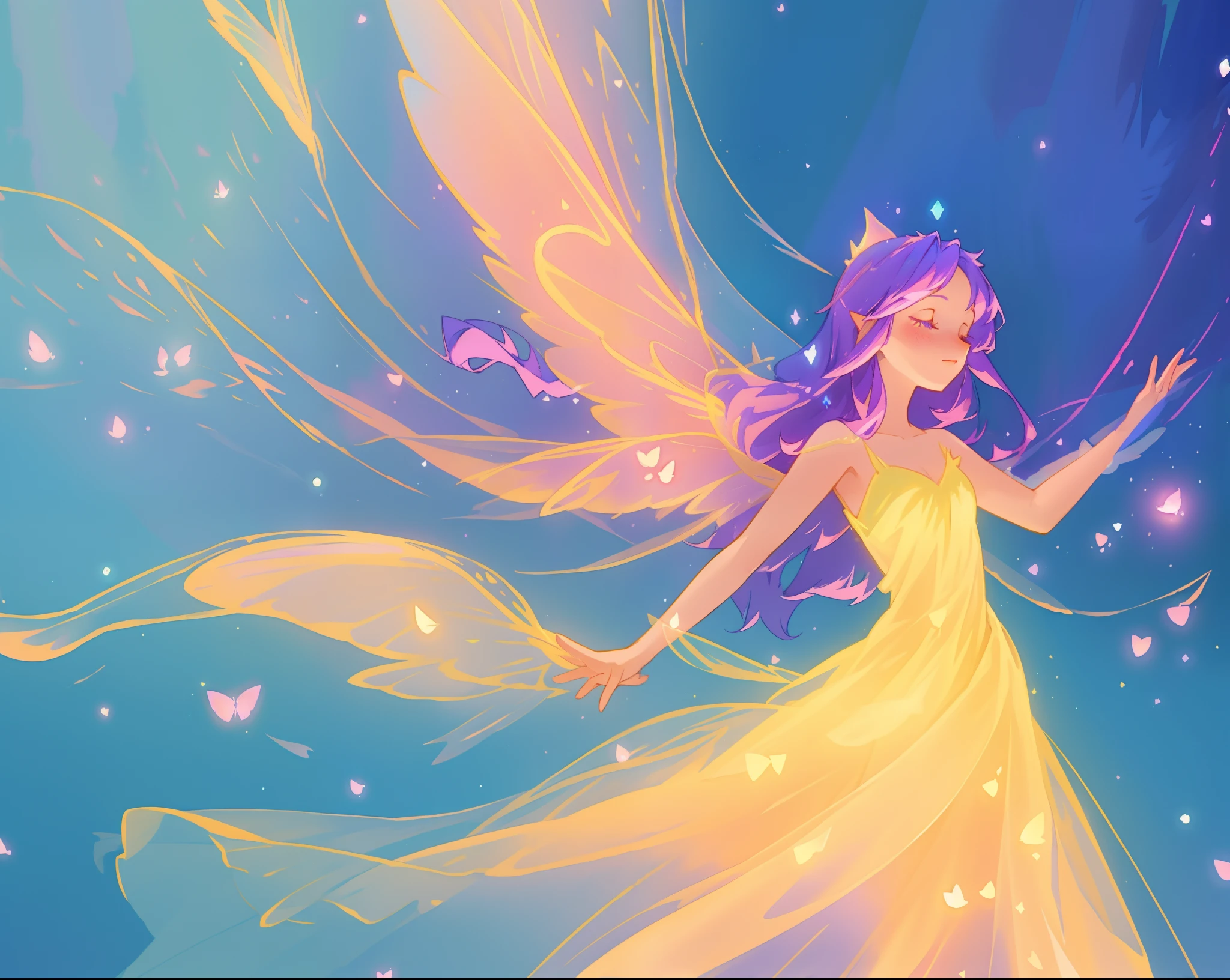 beautiful fairy girl in layered yellow dress, fluttering fairy dress, (huge sparkling pink fairy wings), long dark purple hair, fairy queen, (glowing fairy wings), glowing flowing ballgown, sparkling fairy wings, watercolor illustration, glowing aura around her, beautiful digital illustration, fantasia otherworldly background, beautiful, (masterpiece), best quality
