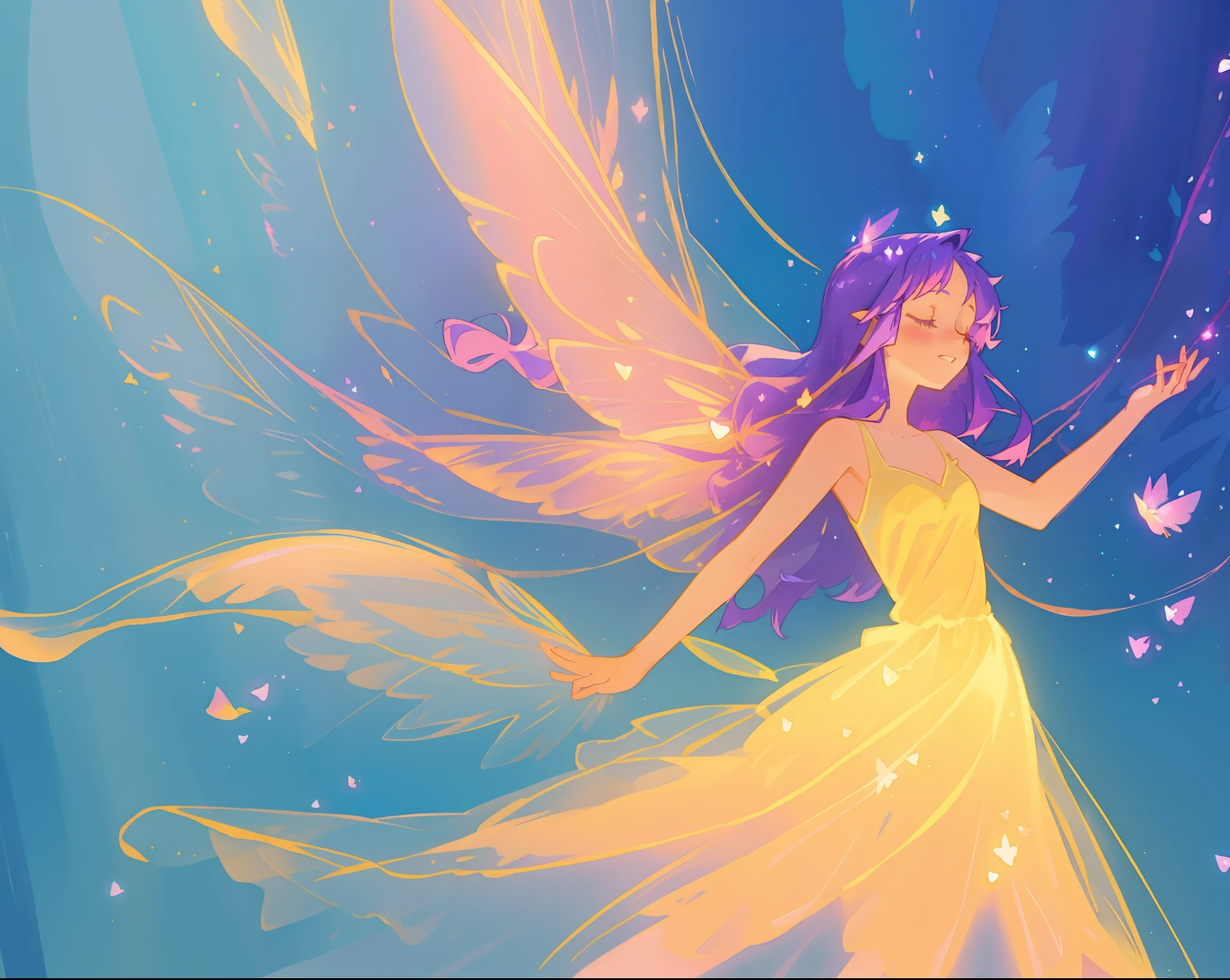 beautiful fairy girl in layered yellow dress, fluttering fairy dress, (huge sparkling pink fairy wings), long dark purple hair, fairy queen, (glowing fairy wings), glowing flowing ballgown, sparkling fairy wings, watercolor illustration, glowing aura around her, beautiful digital illustration, fantasia otherworldly background, beautiful, (masterpiece), best quality