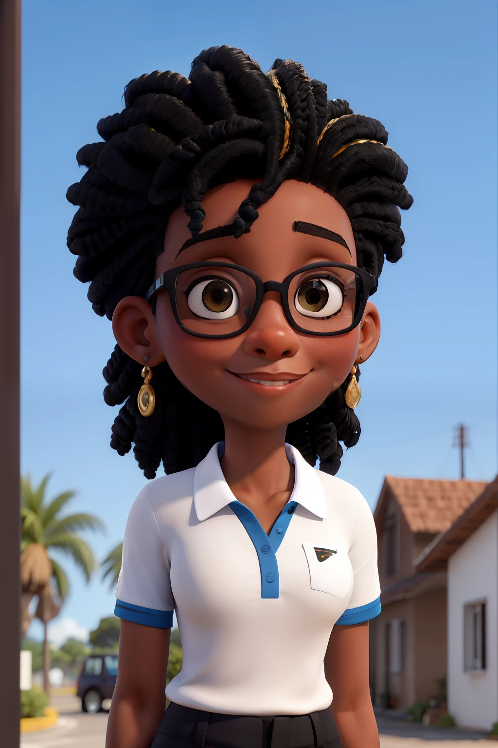 Rapaz jovem, pele negra, cabelo curto liso preto penteado para o lado esquerdo, wears square glasses, olhos escuros, camisa polo azul, alto