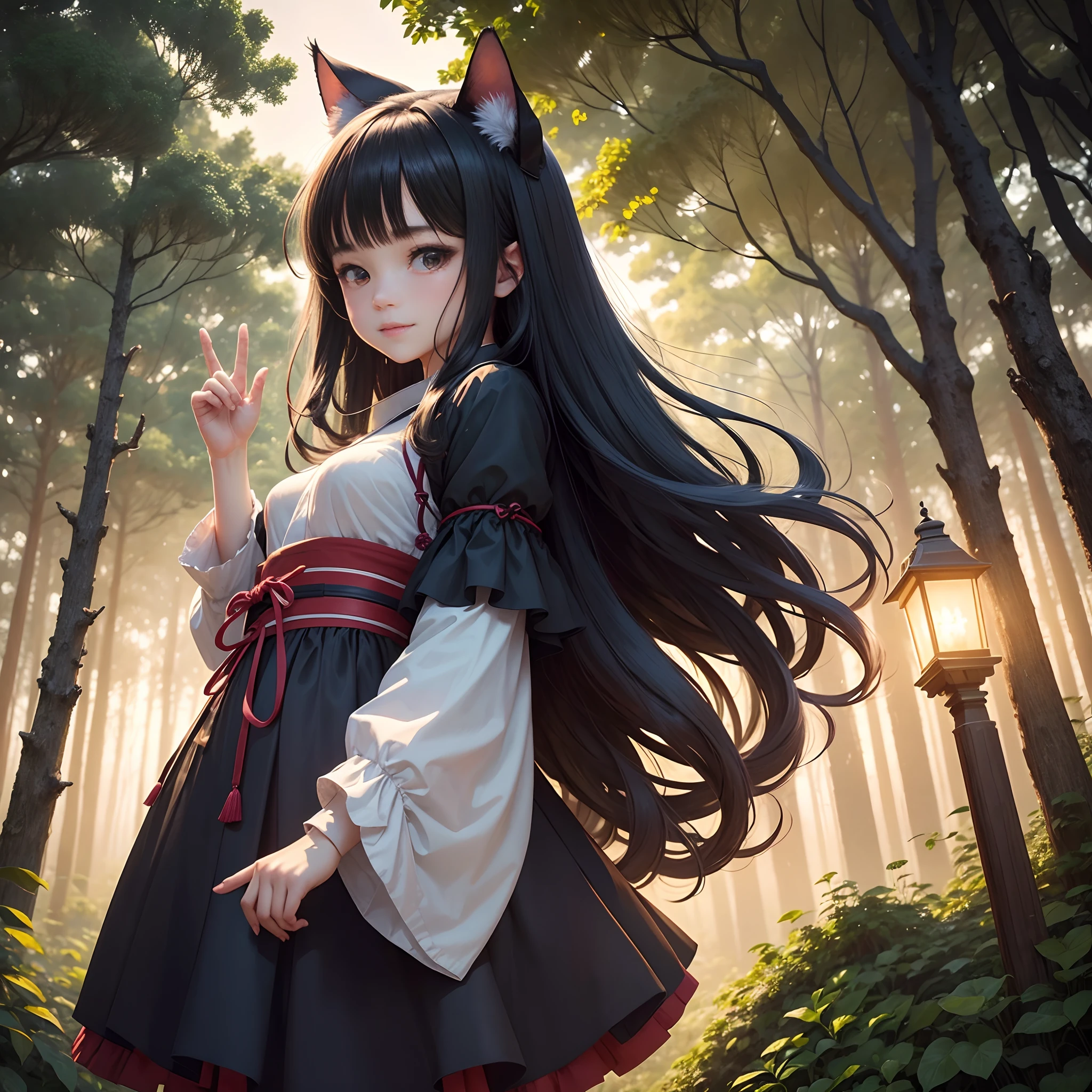 a 18 year old girl,Full body,full-body view,Cat-eared girl,Wearing traditional Japan costumes,Sitting alone with bent knees,Girl has small breasts and black hair,The girl's face is smiling,The background is set on a moonlit night,The full moon shines brightly,Girl sitting alone with bent knees in adorable pose,Girl's semi-long flutters in the wind,Images should be of the highest quality,It has high-resolution and ultra-detailed features,Must be realistic and photorealistic style,Vibrant colors and bokeh,Lighting should emphasize the beauty of the scene,Create an enchanting atmosphere,Deep in the dark forest,Cursed places,Haunted Spots,wet lands,deep-forest,Pitch Black Forest,musgo,ivy