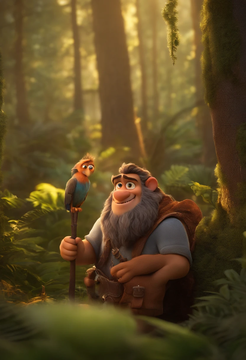 um homem, em breve, barba curta, olhos castanhos, com camera, uma floresta, Imagem no estilo Pixar, Estilo de filme animado 3D, Disney, camiseta preta