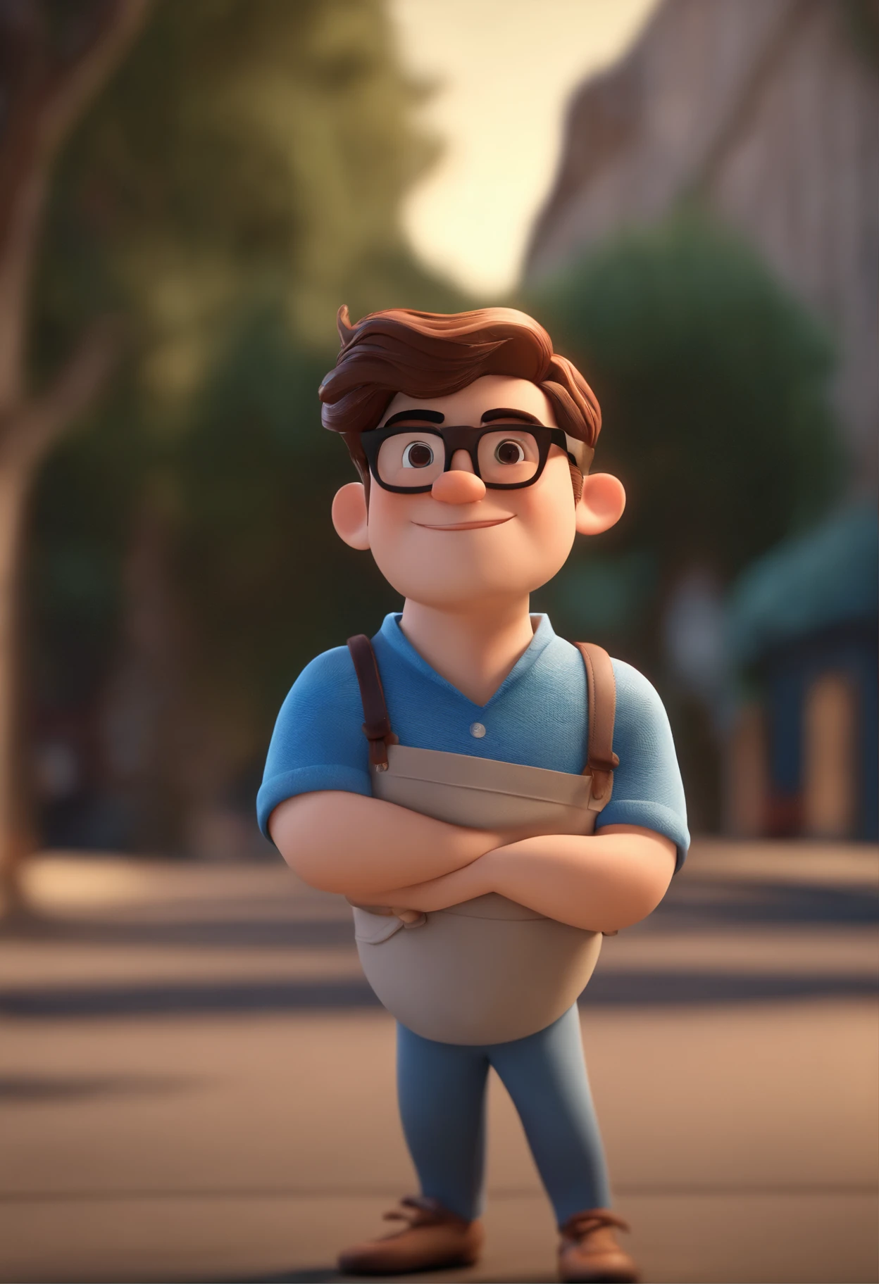 Cartoon character of a man wearing black glasses and a blue shirt, um personagem animado, Caractere estilizado, animation style rendering, 3D estilizado, Arnold Maya render, 3 d render stylized, toon render keyshot, Personagem 3D, Personagem 3D, 3d rendering stylized, 3 d character render, personagem de desenho animado, Personagem de close up, Pose de personagem, (Estilo Pixar) (master part:1.2) (Bokeh) (best quality) (pele detalhada) (textura detalhada) (8k) (argila) (Cinematic lighting) (foco nítido，Senta e vaza a parte superior do corpo