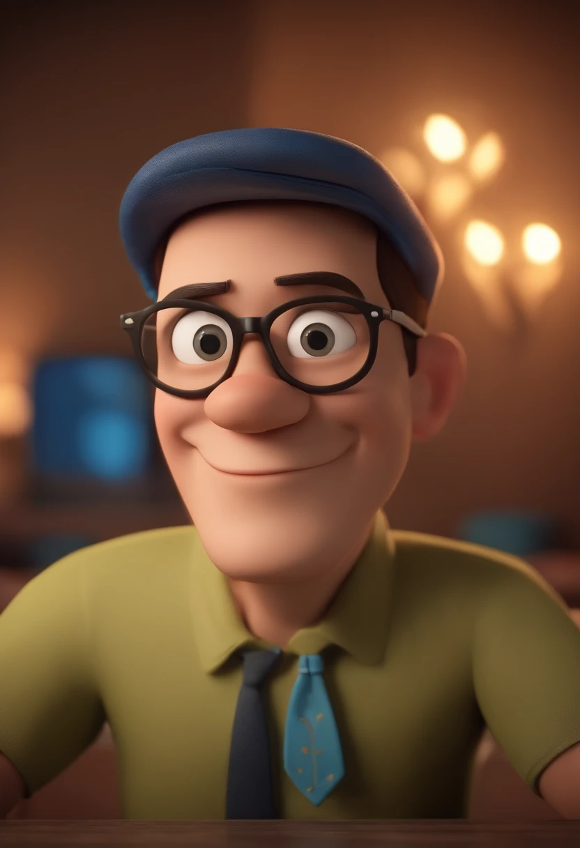 Cartoon character of a man wearing black glasses and a blue shirt, um personagem animado, Caractere estilizado, animation style rendering, 3D estilizado, Arnold Maya render, 3 d render stylized, toon render keyshot, Personagem 3D, Personagem 3D, 3d rendering stylized, 3 d character render, personagem de desenho animado, Personagem de close up, Pose de personagem, (Estilo Pixar) (master part:1.2) (Bokeh) (best quality) (pele detalhada) (textura detalhada) (8k) (argila) (Cinematic lighting) (foco nítido,Senta e vaza a parte superior do corpo