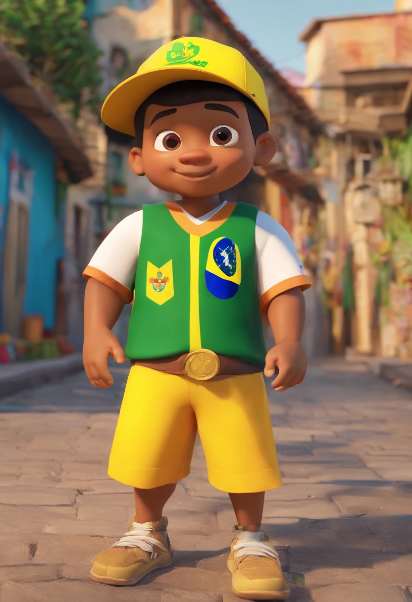 Favela com bandeira do brasil,  com arma e camisa do time estilo Disney, estilo pixar render ilustracao Super Detalhe, 8k Brazil Faction Boy With Hat On His Back