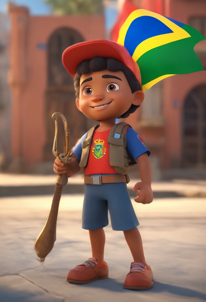 Favela com bandeira do brasil, Menino com arma e camisa do time estilo Disney, estilo pixar render ilustracao Super Detalhe, 8k Brazil Faction Boy With Hat On His Back