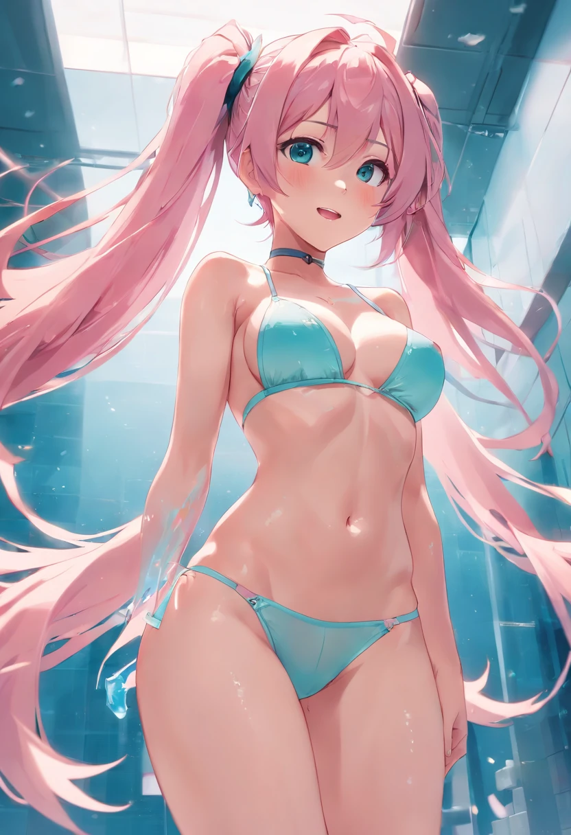 Hatsune Miku, messy long pink hair, see thru white strink bikini, buff, looking a viewer, toned , workout, Thigh muscles, muscle arm, Abs,(thin female, toned legs) Top quality, Masterpiece, High definition, Very detailed, 8K, One girl, Cute, anime perky breast, Crystal clear white skin, , Sensual, full body lesbian, Young, junior high school, 13 years old, child, (The hair color is light pink), school hallway, Hair lifted and fluffy, , hands spreading inner thigh, Crying loudly, Close both eyes, Scream, Awesome rage, high-angle, Crying, Looking up, Front camera 8K, RAW photo, Best quality, masterpiece:1.2), high-definition RAW color photography, professional photoshooting, cow boy shot, (Realistic, photographrealistic:1.37), ((Best quality)), , Cinematic light, (finerly detailed face:1.2), (masterpiece:1.5), (Best quality:1.2), (dark mole:0.8), (Smiling:0.9), (view the viewer:1.2), breasts coming out of bra, Lace lingerie small breasts,No clothing, small breasts exposed cleavage,Get wet all over your body, breasts,long legs,Superbly detailed eyes,Delicate face,Long-haired thin women,Spread your legs apart, detailed labia lips thru panties,see-through transparent clothes,Lingerie transparent,Plenty of milky liquid, string white transparent panties, extremely small waist, and defined hip bones, protruding nipples