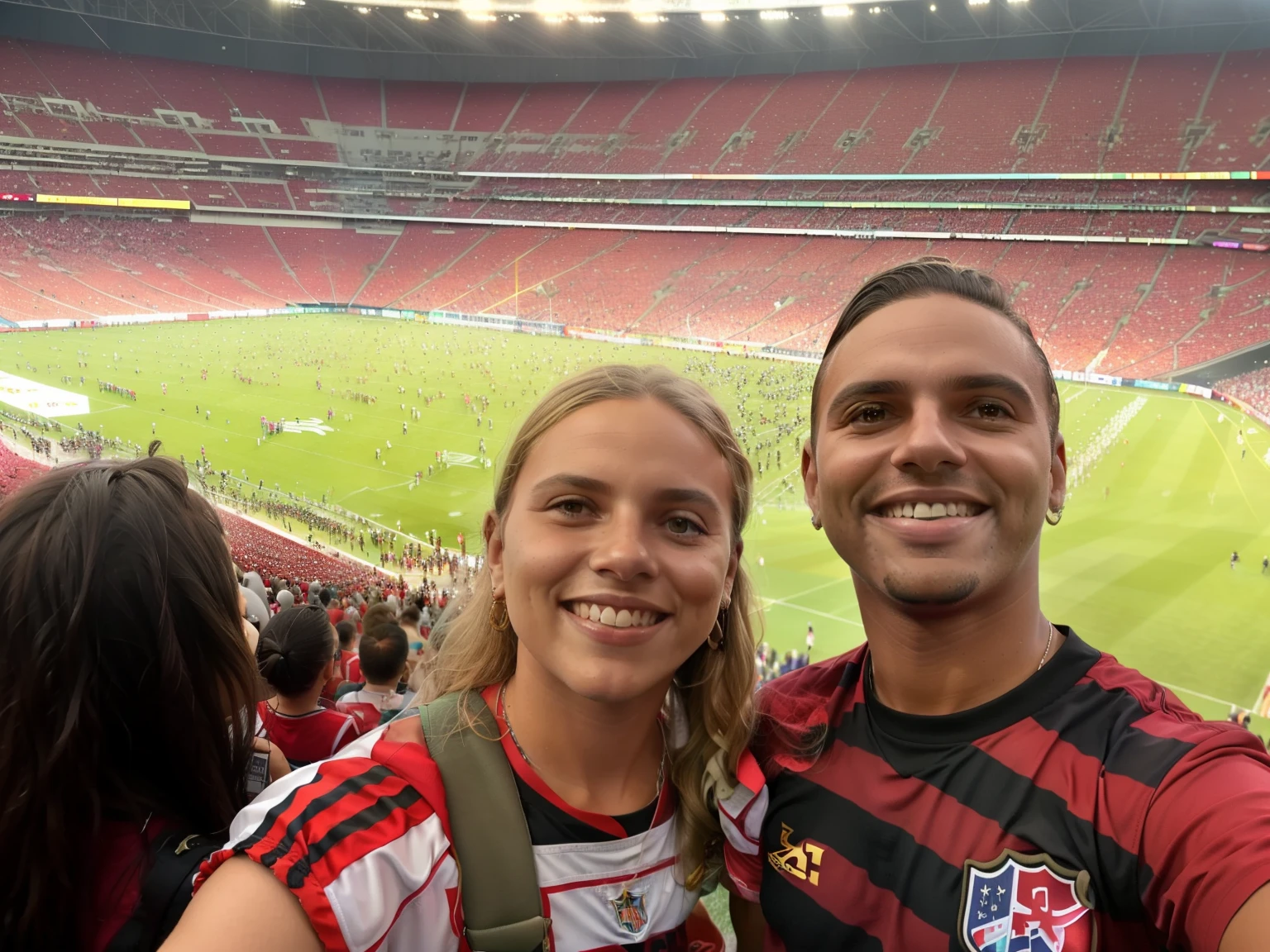 They're at a football game and the fans are taking a picture, In Sao Paulo, 🌻🎹🎼, na copa do mundo, 🐝👗👾, standing in a stadium, vacation photo, sao paulo, atmosfera real, São Paulo, foto de baixa qualidade, belos arredores, Postagem 4k, 4 k post, the atmosphere is cheerful