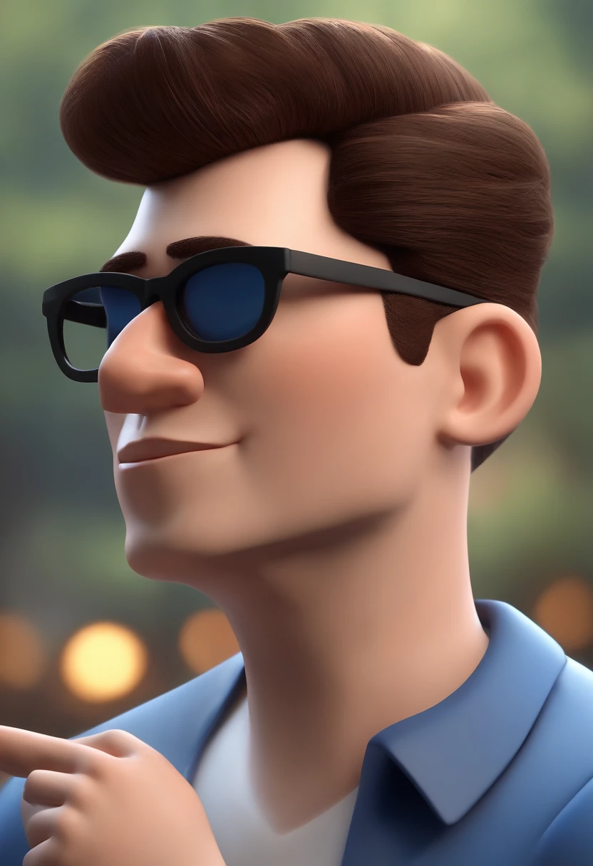 Cartoon character of a man wearing black glasses and a blue shirt, um personagem animado, Caractere estilizado, animation style rendering, 3D estilizado, Arnold Maya render, 3 d render stylized, toon render keyshot, Personagem 3D, Personagem 3D, 3d rendering stylized, 3 d character render, personagem de desenho animado, Personagem de close up, Pose de personagem, (Estilo Pixar) (master part:1.2) (Bokeh) (best quality) (pele detalhada) (textura detalhada) (8k) (argila) (Cinematic lighting) (foco nítido,Senta e vaza a parte superior do corpo